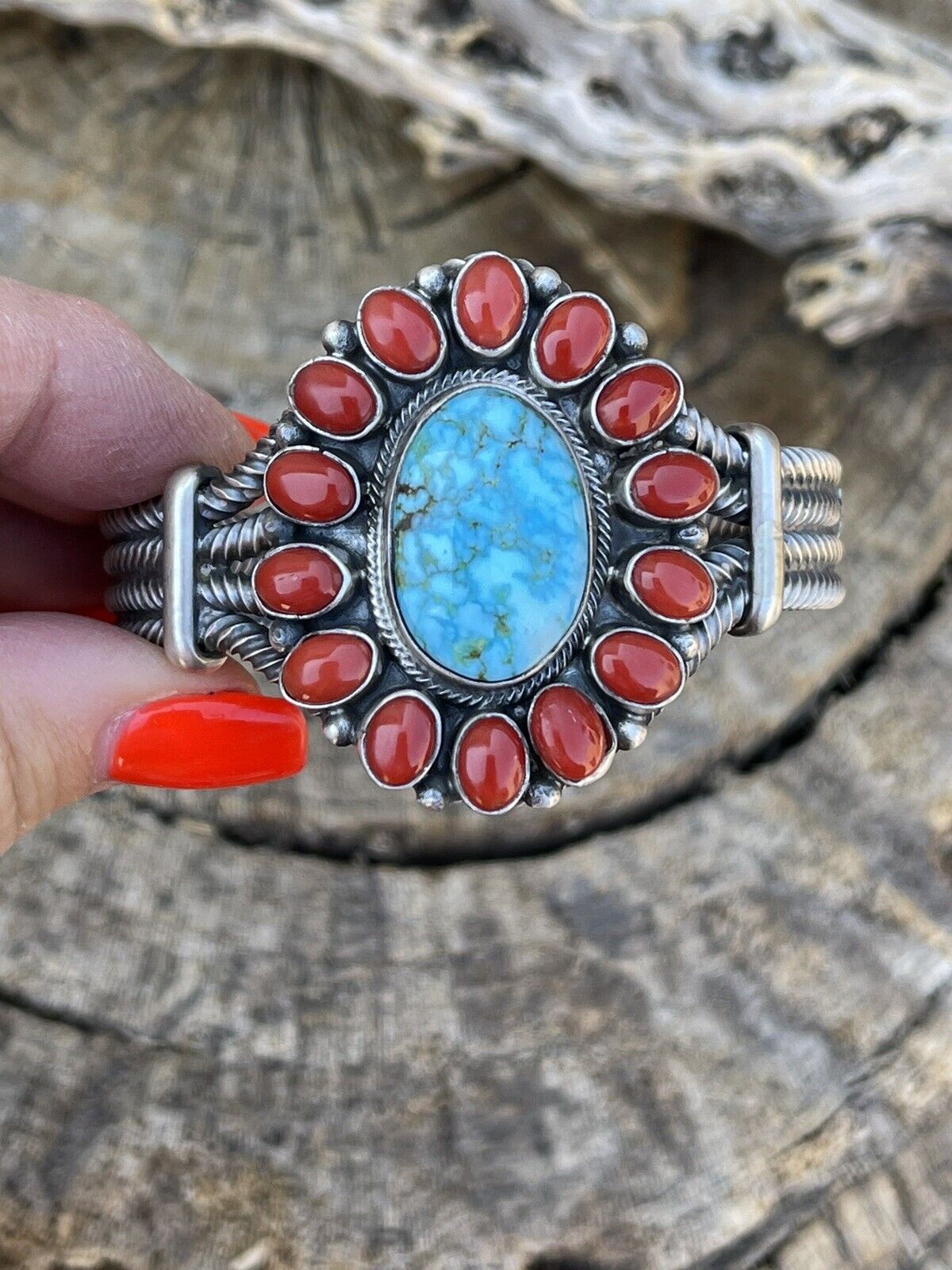 Navajo Sterling Kingman Web Turquoise & Red Coral Taos Bracelet Cuff B. Johnson