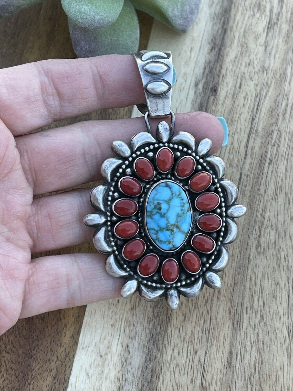 Navajo Sterling Kingman Web Turquoise & Red Coral Taos Ornate Pendant D. Clark