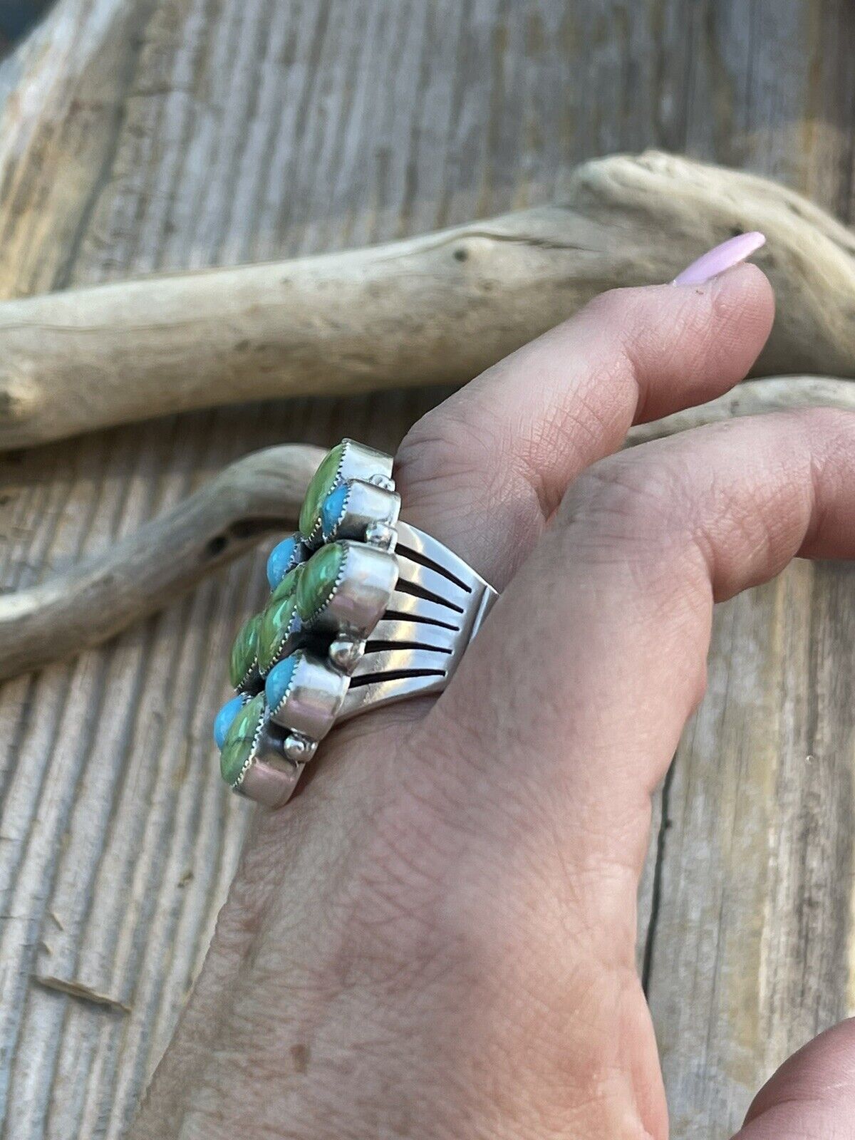 Navajo Sterling Sonoran Gold And Golden Hills Turquoise Cluster Ring Size 7