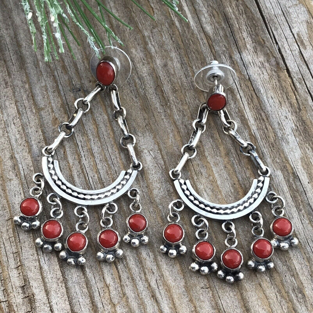 Handcrafted Natural Red Coral Sterling Silver Chandelier Style Dangle Earrings