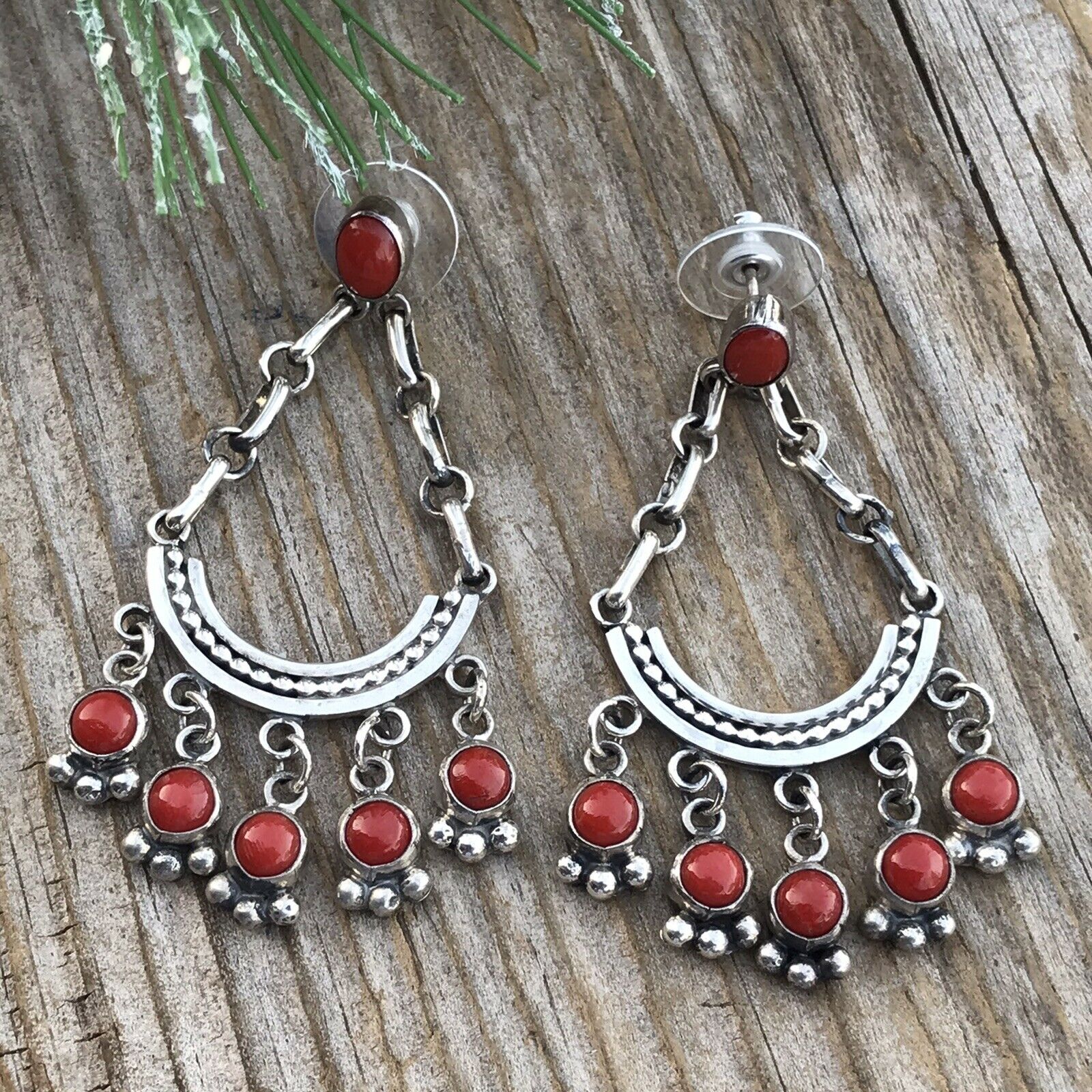 Navajo Natural Red Coral Sterling Silver Chandelier Style Dangle Earrings