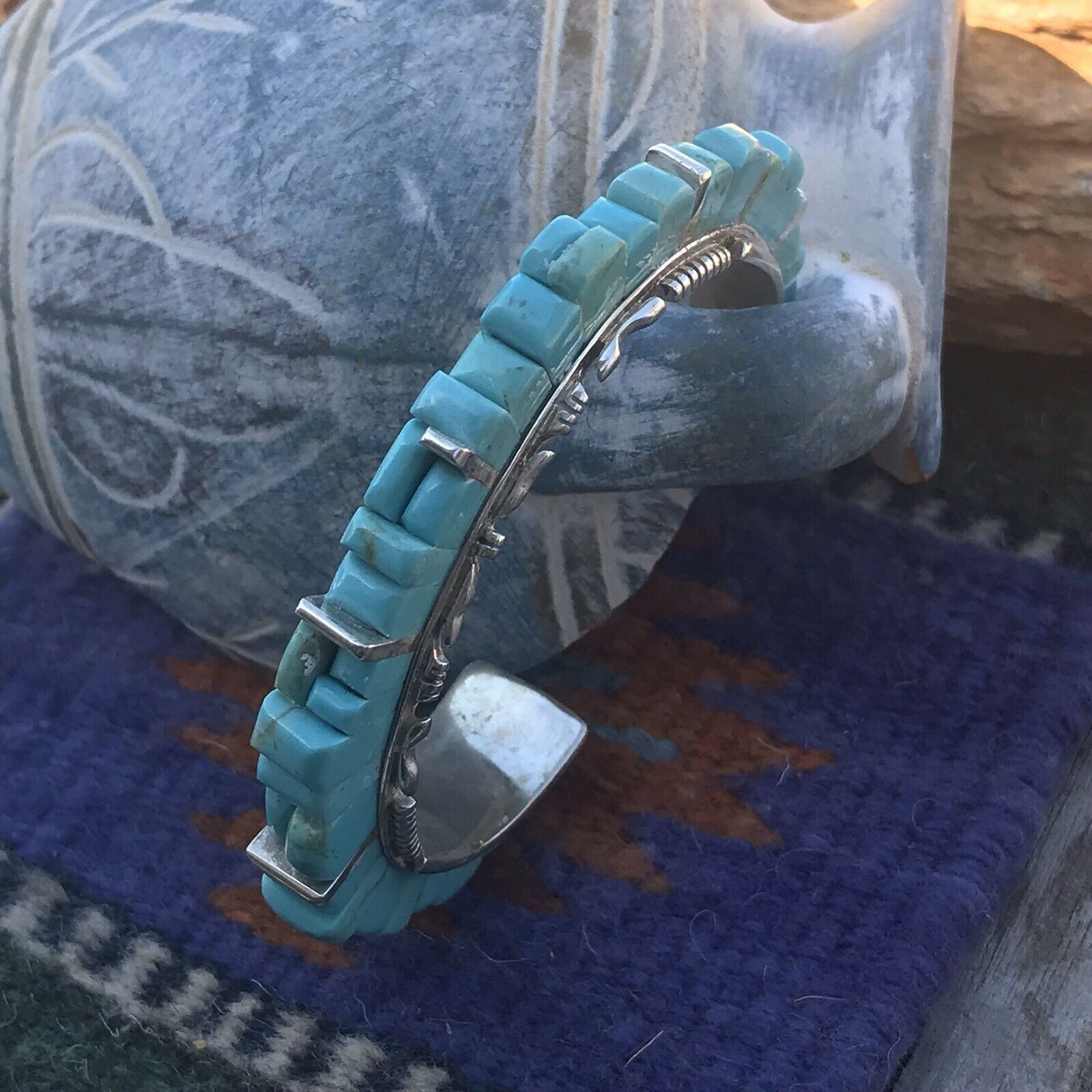 Navajo Sterling Silver & Number 8 Turquoise Signed By Marvin Yazzie Cuff