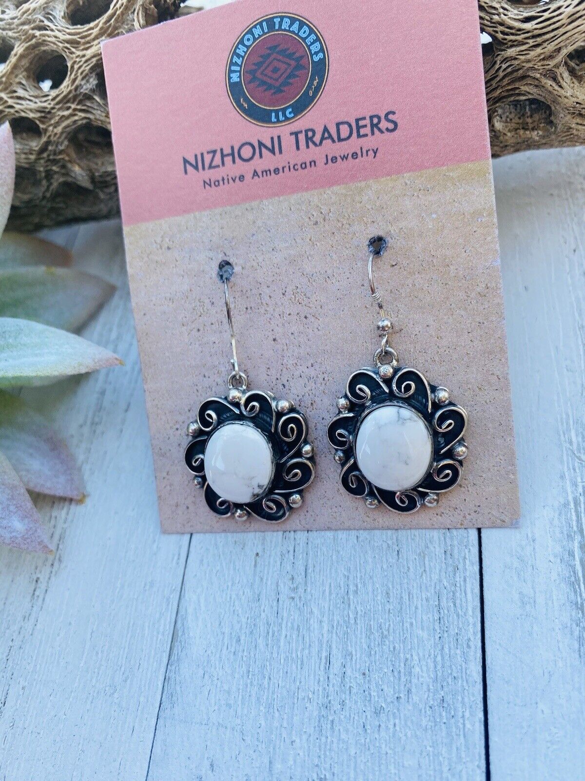 Navajo Sterling Silver And White Buffalo Dangle Earrings