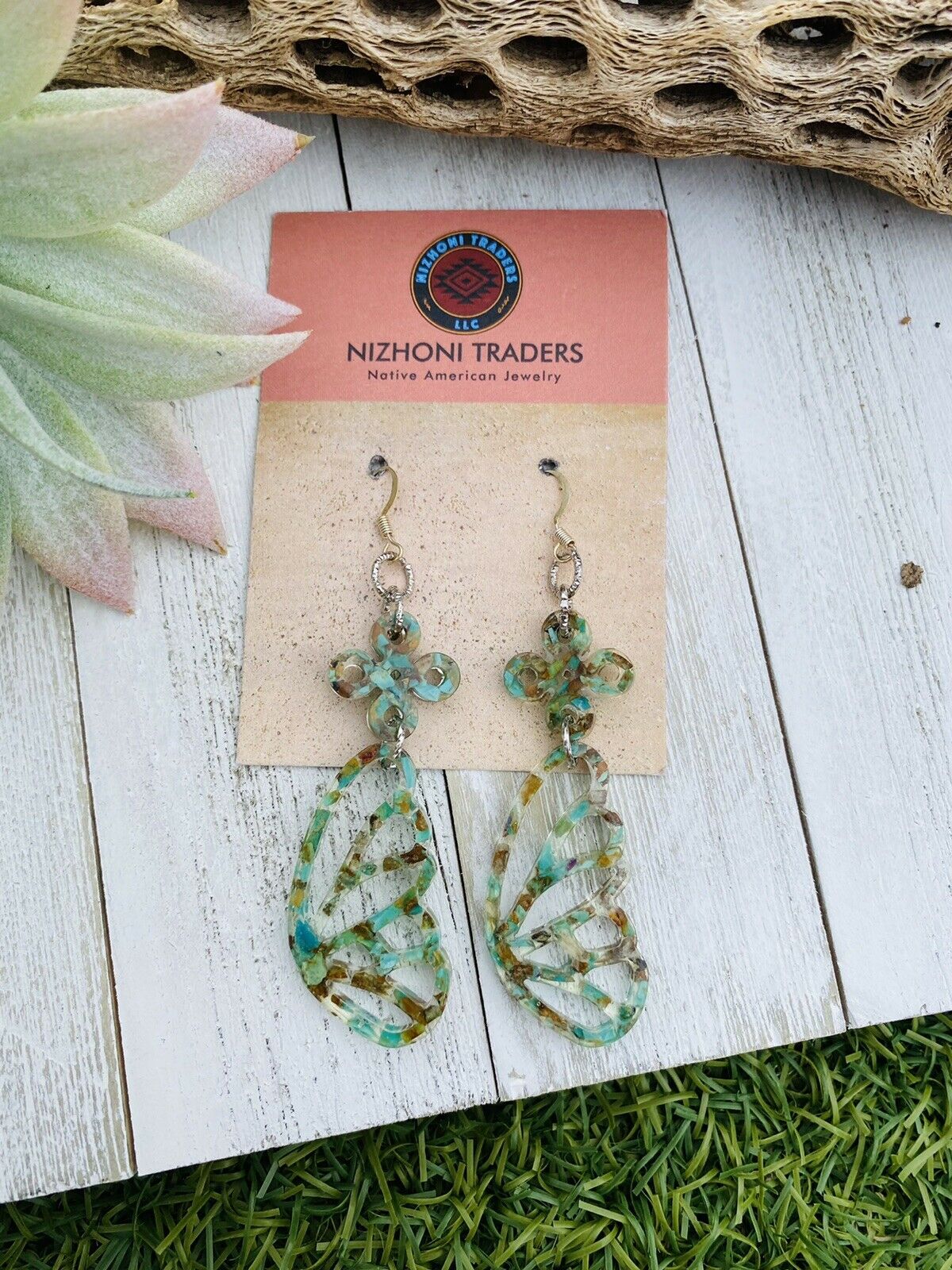 Navajo Turquoise & Resin Butterfly Wing Dangle Earrings