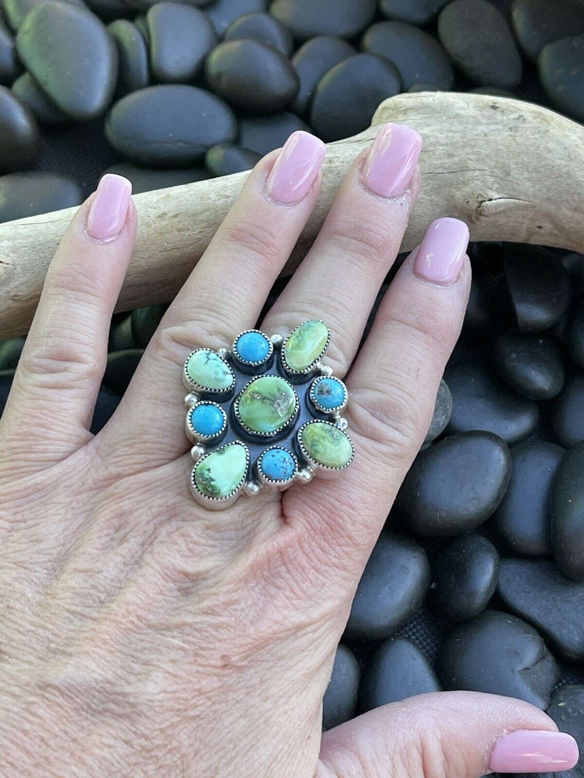 Navajo Sterling Sonoran Gold And Golden Hills Turquoise Cluster Ring Size 8.5