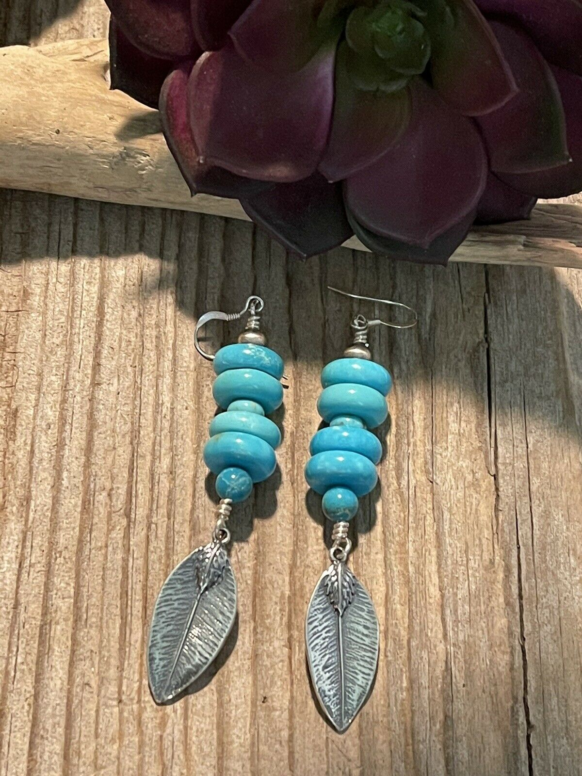 Navajo Sterling Silver & Blue Turquoise Leaf Dangle Earrings