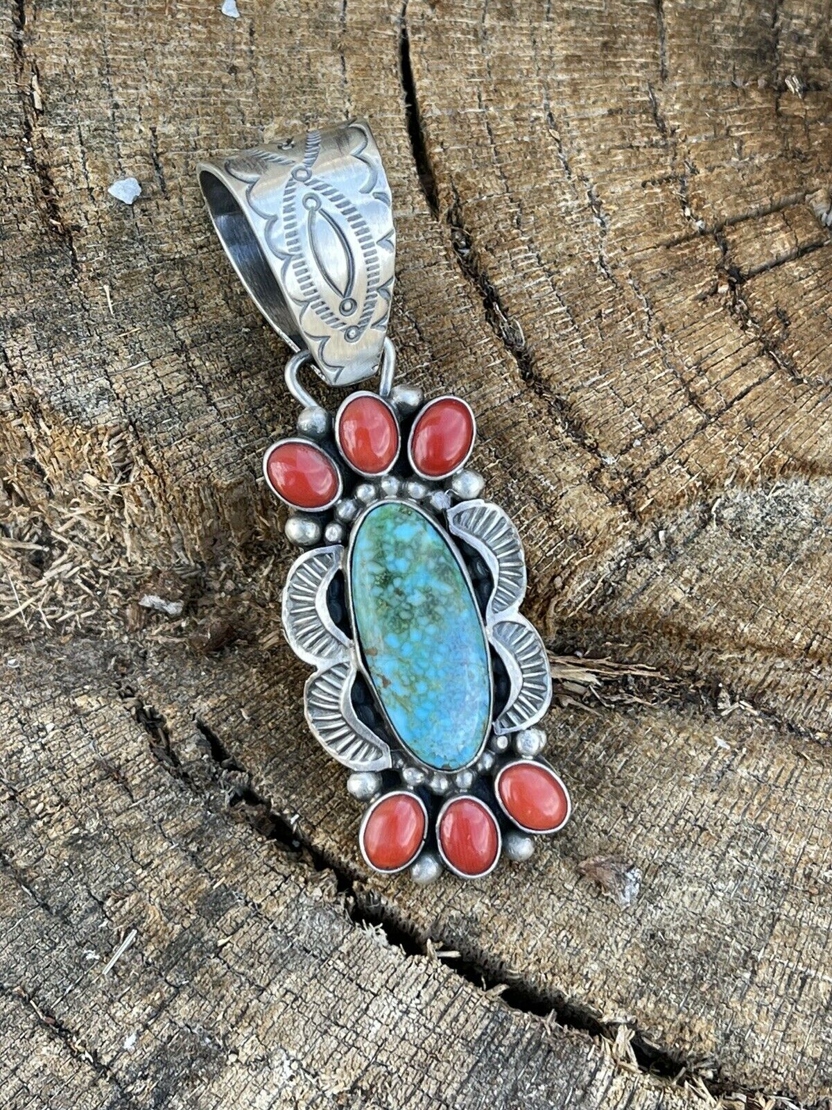 Navajo Sterling Kingman Web Turquoise & Red Coral Pendant Taos Collection