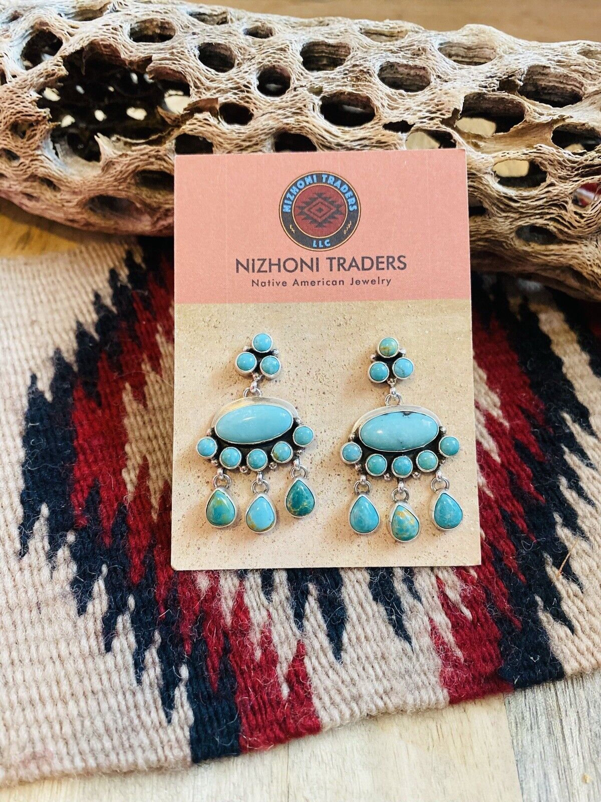 Navajo Turquoise & Sterling Silver Cluster Dangle Earrings Signed