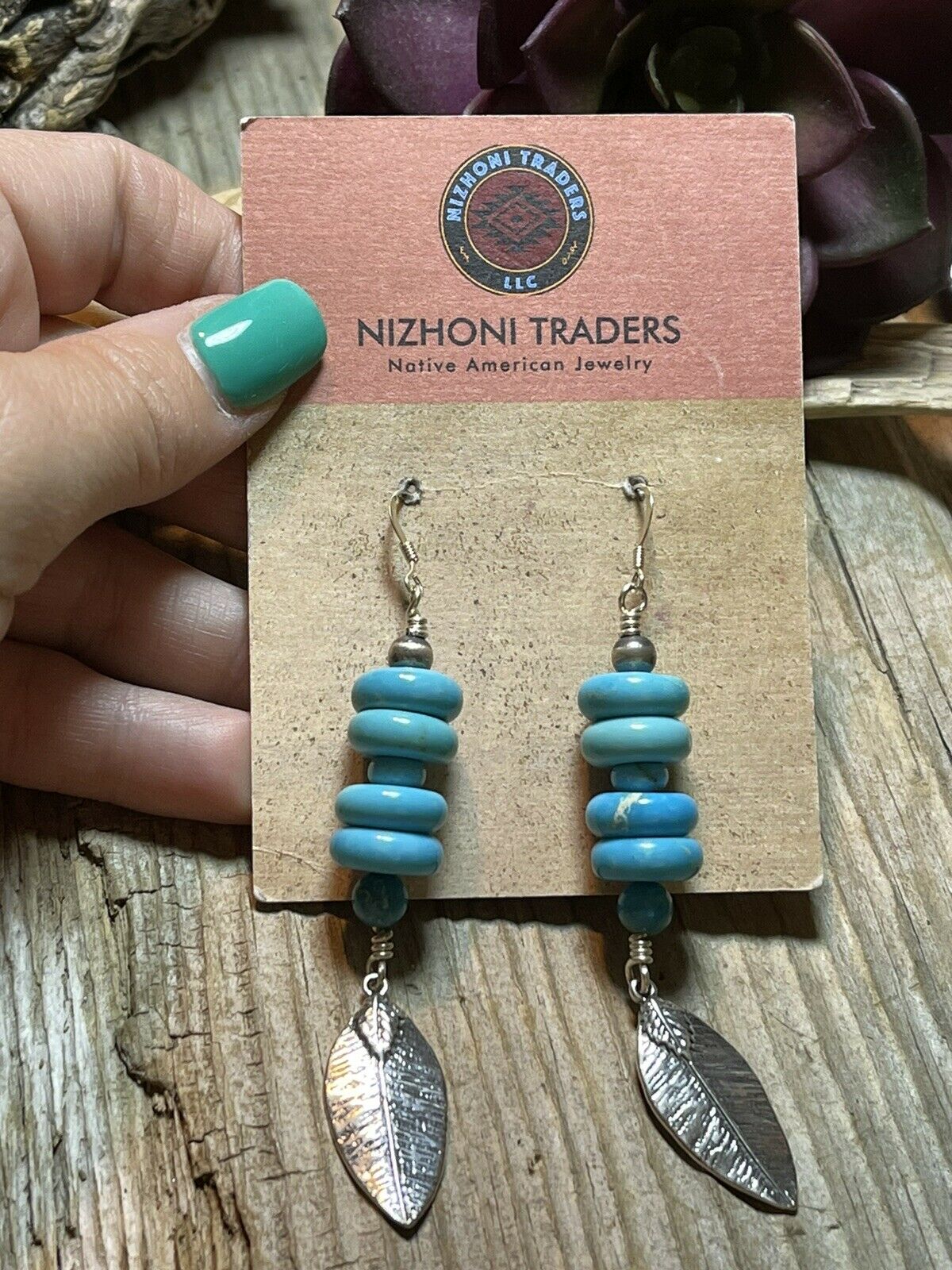 Navajo Sterling Silver & Blue Turquoise Leaf Dangle Earrings