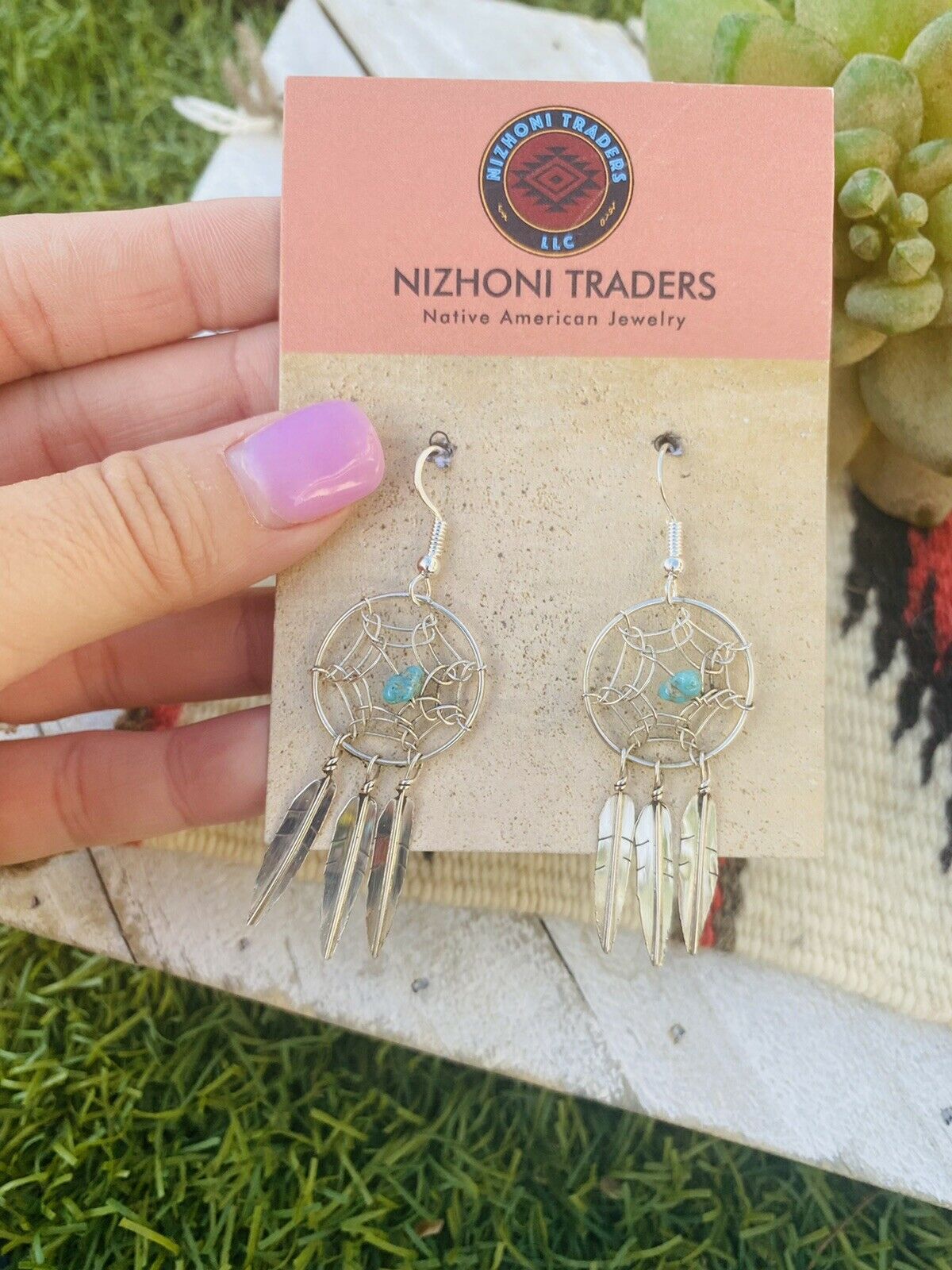 Navajo Sterling Silver & Dream Catcher Feather Dangle Earrings