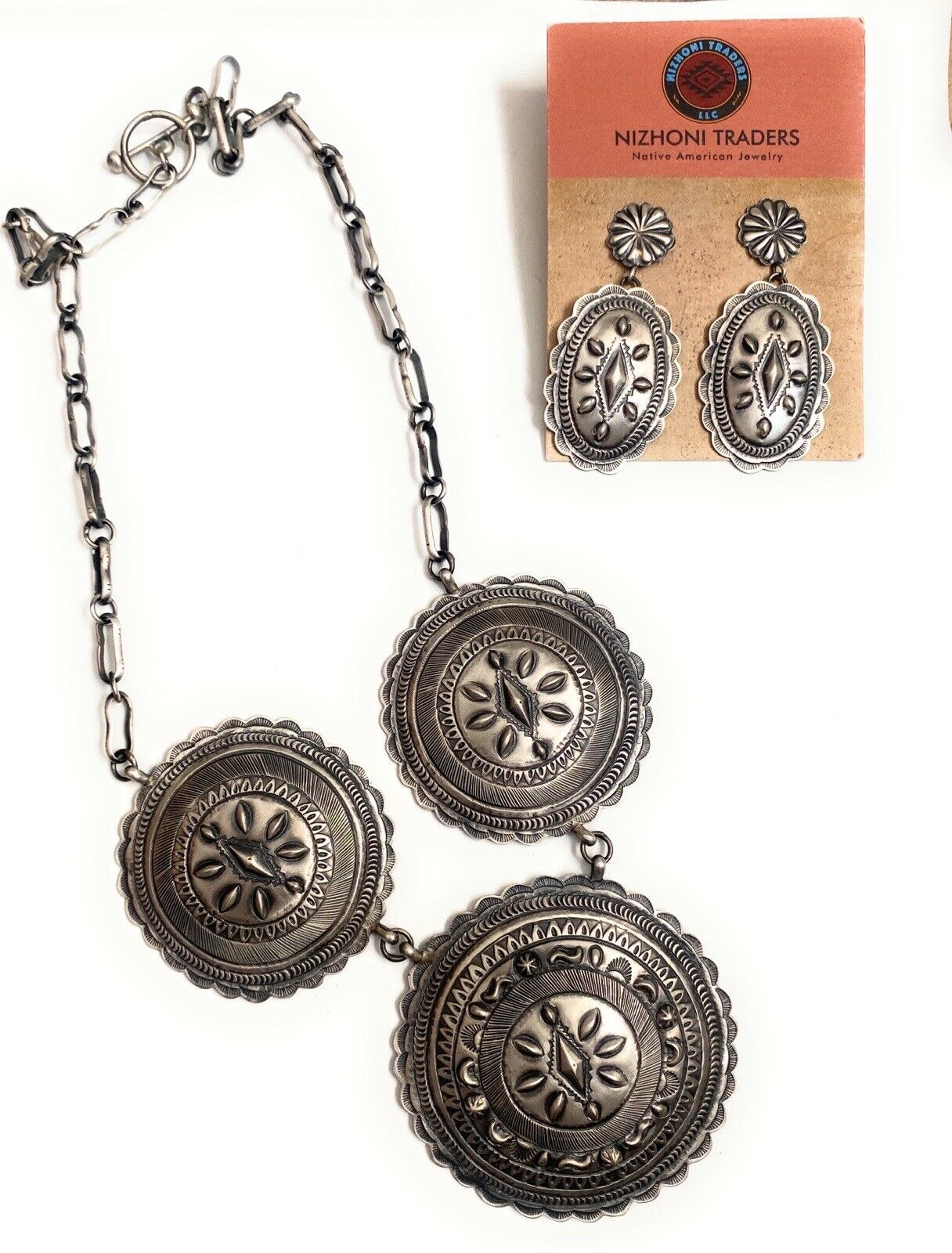 Navajo Hand Stamped Sterling Silver Necklace & Earring Set By Eugene Charley