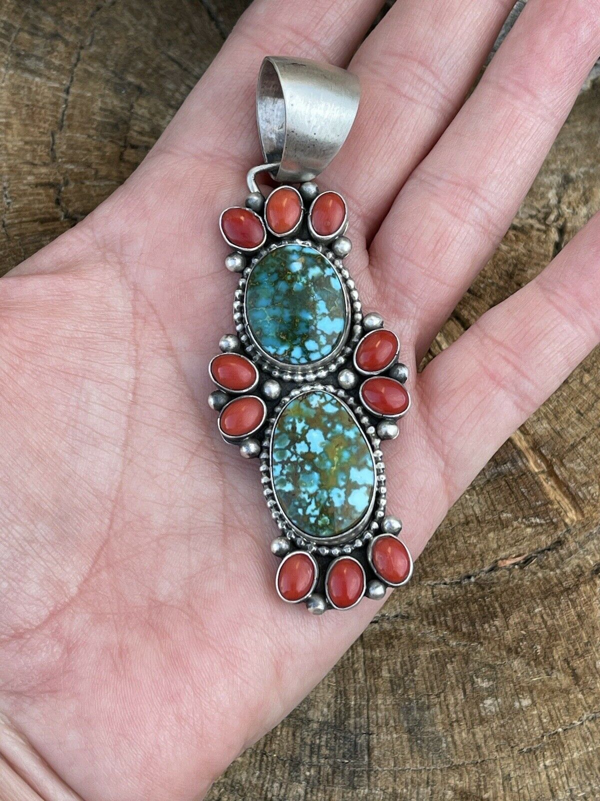 Navajo Sterling Kingman Web Turquoise & Red Coral Taos Pendant Bea Tom