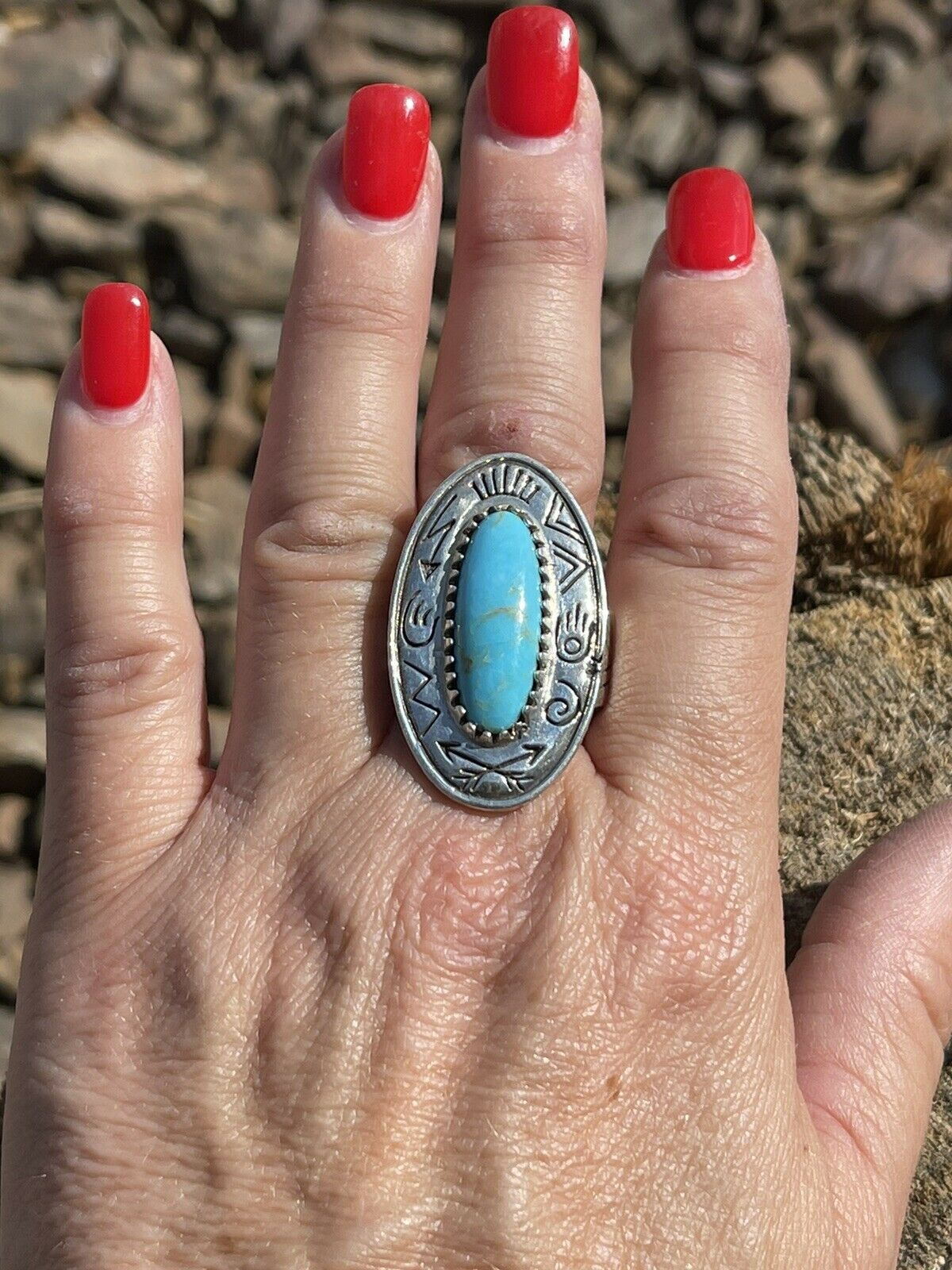 Navajo Sterling Silver Turquoise Southwest Stamped Oval Ring Sz 8.5