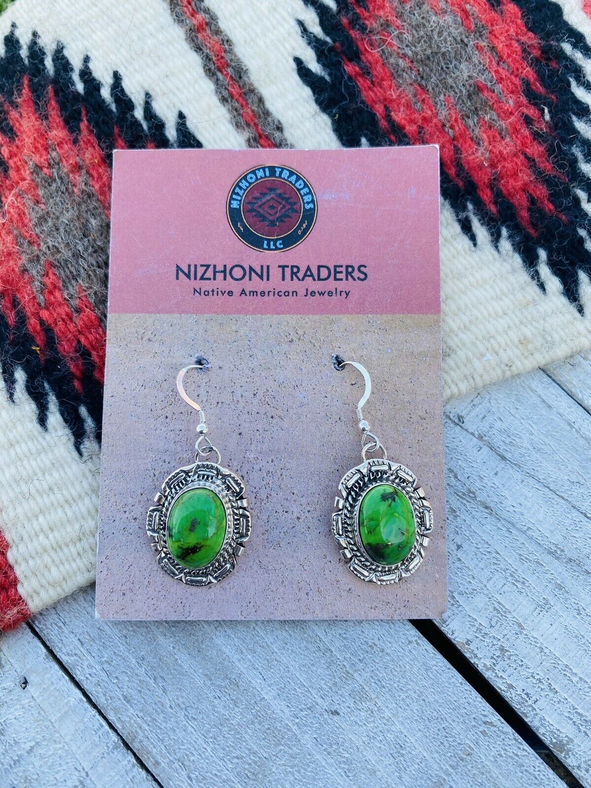 Navajo Sterling Silver Gaspeite Dangle Earrings Signed