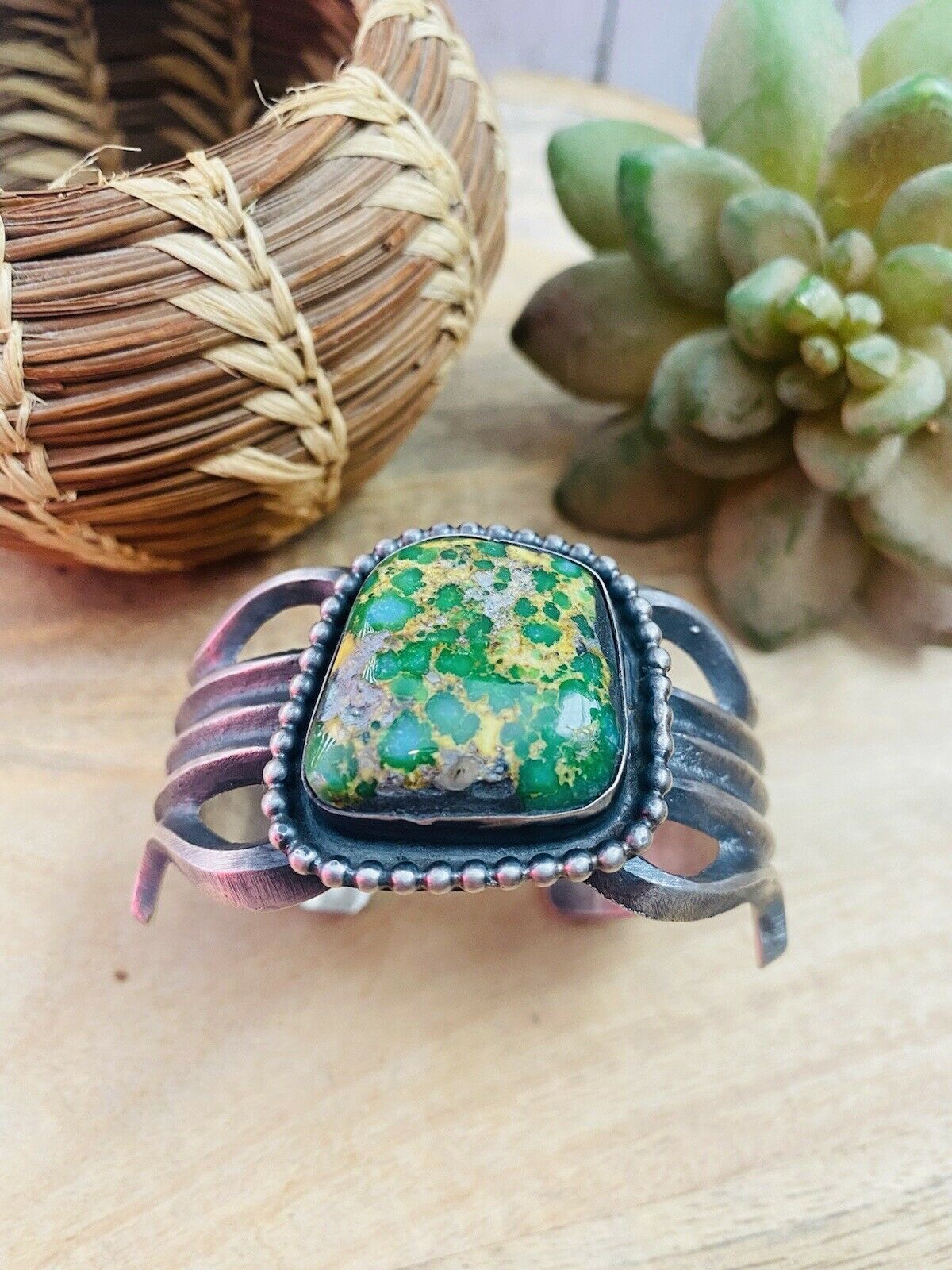 Navajo Sterling Silver & Sonoran Gold Turquoise Cuff Bracelet By Chimney Butte