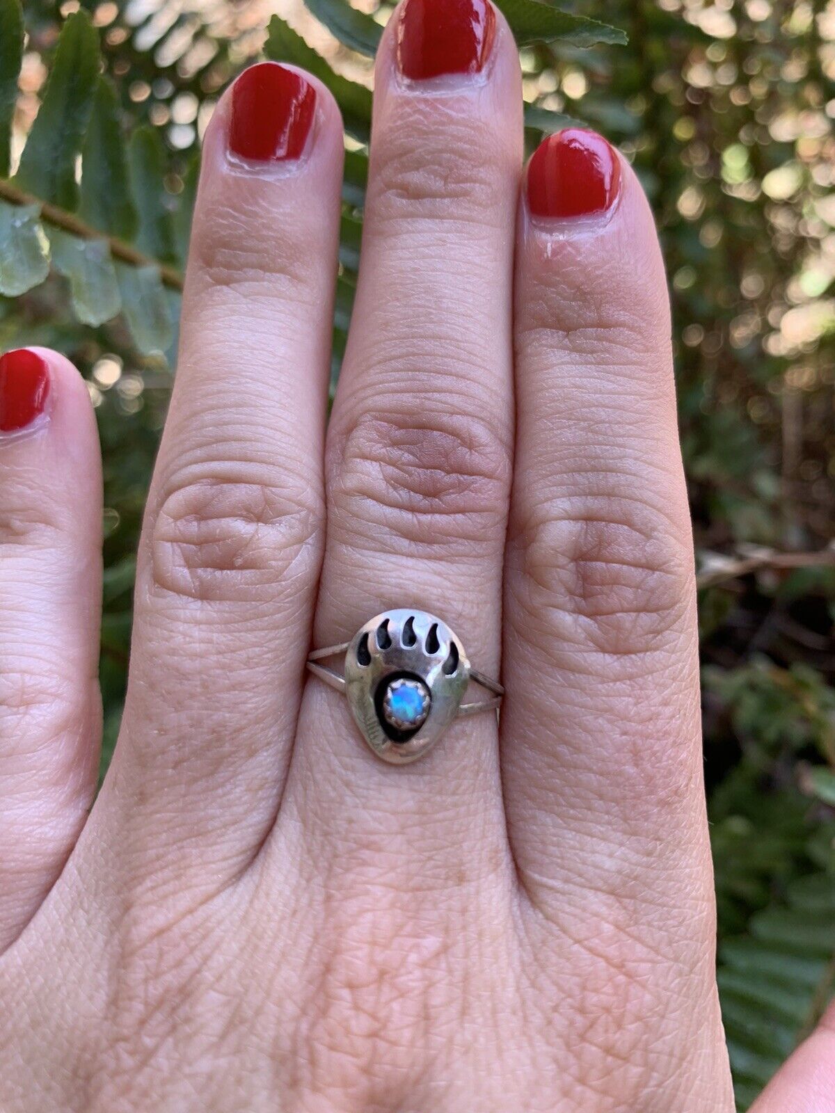 Navajo Sterling Silver Blue Opal Bear Paw Ring