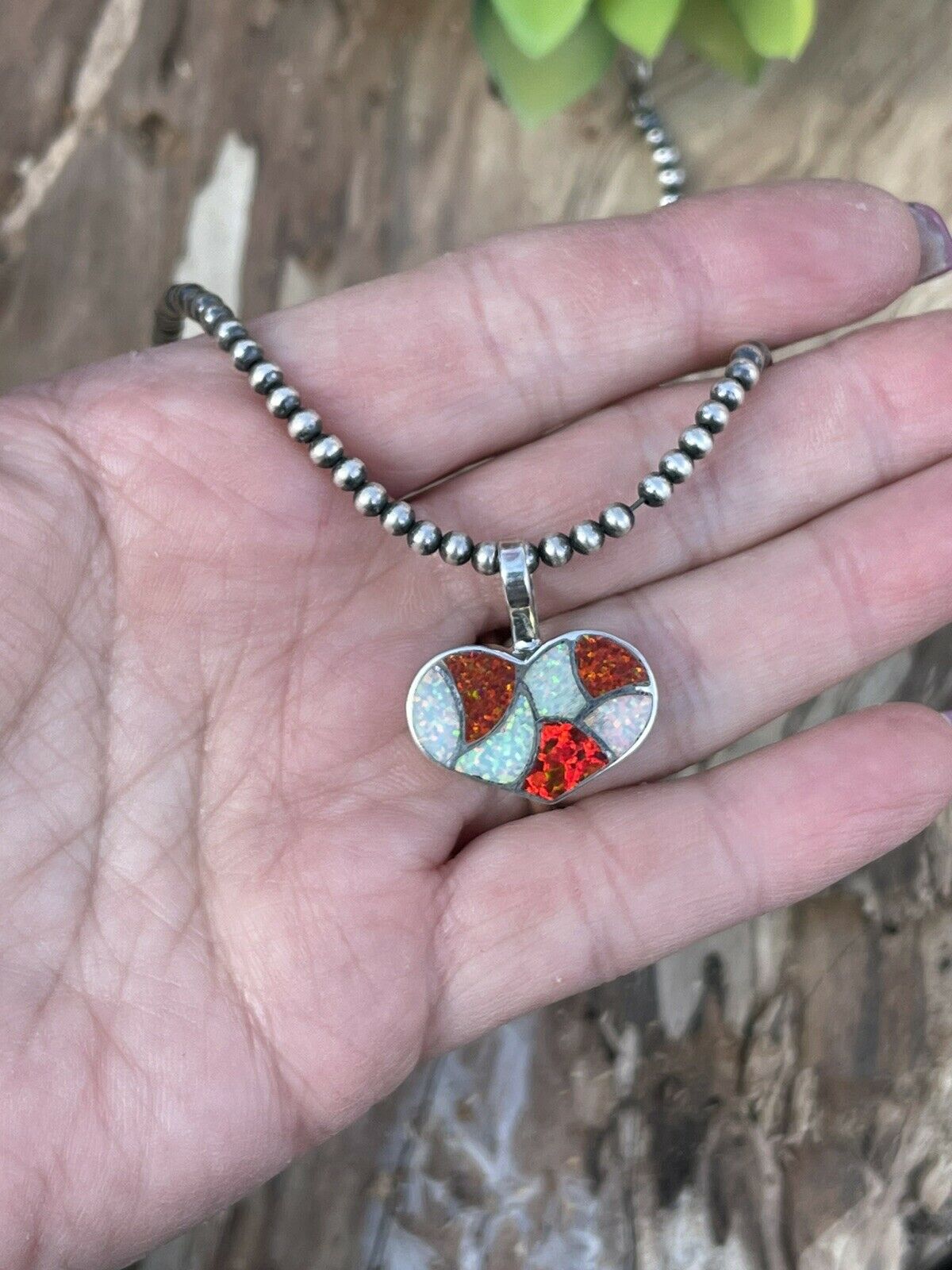 Zuni Iridescent Red Candy Cane Opal & Sterling Silver Heart Pendant