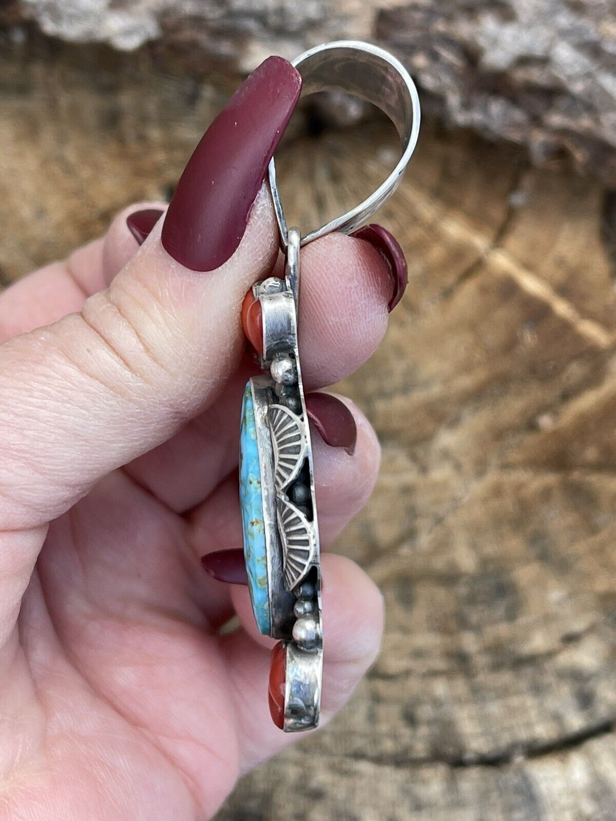 Navajo Sterling Kingman Web Turquoise & Red Coral Pendant Taos Collection