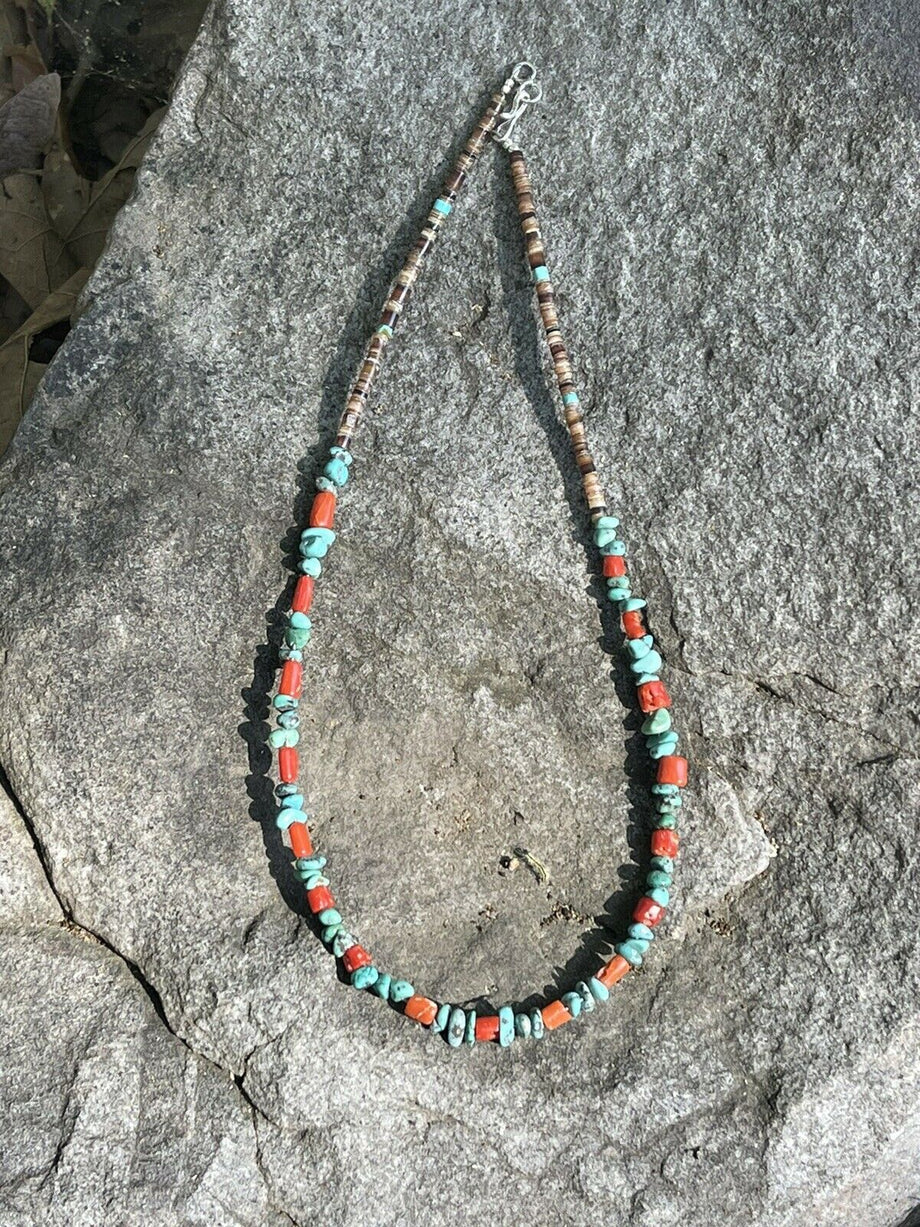 Navajo Turquoise, Heishi and Coral Beaded 16 Inch Necklace