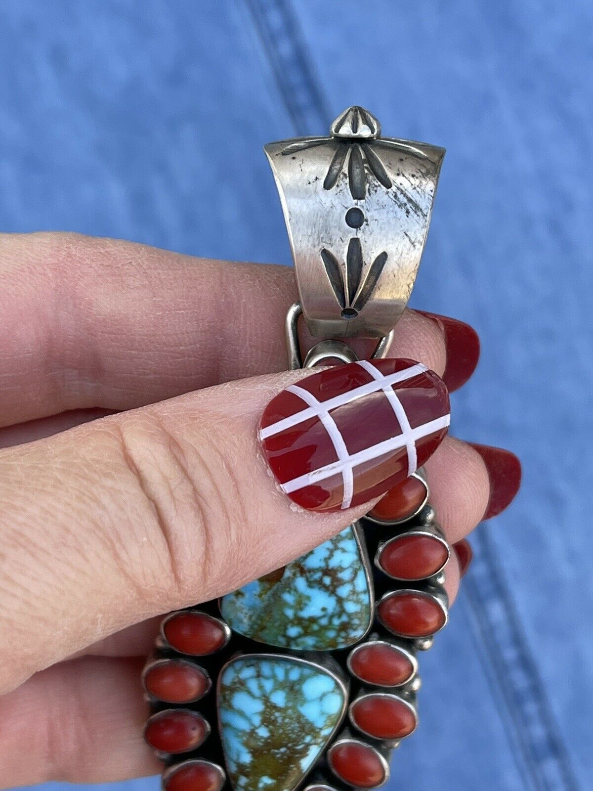 Navajo Sterling 2 Stone Kingman Web Turquoise & Red Coral Taos Pendant