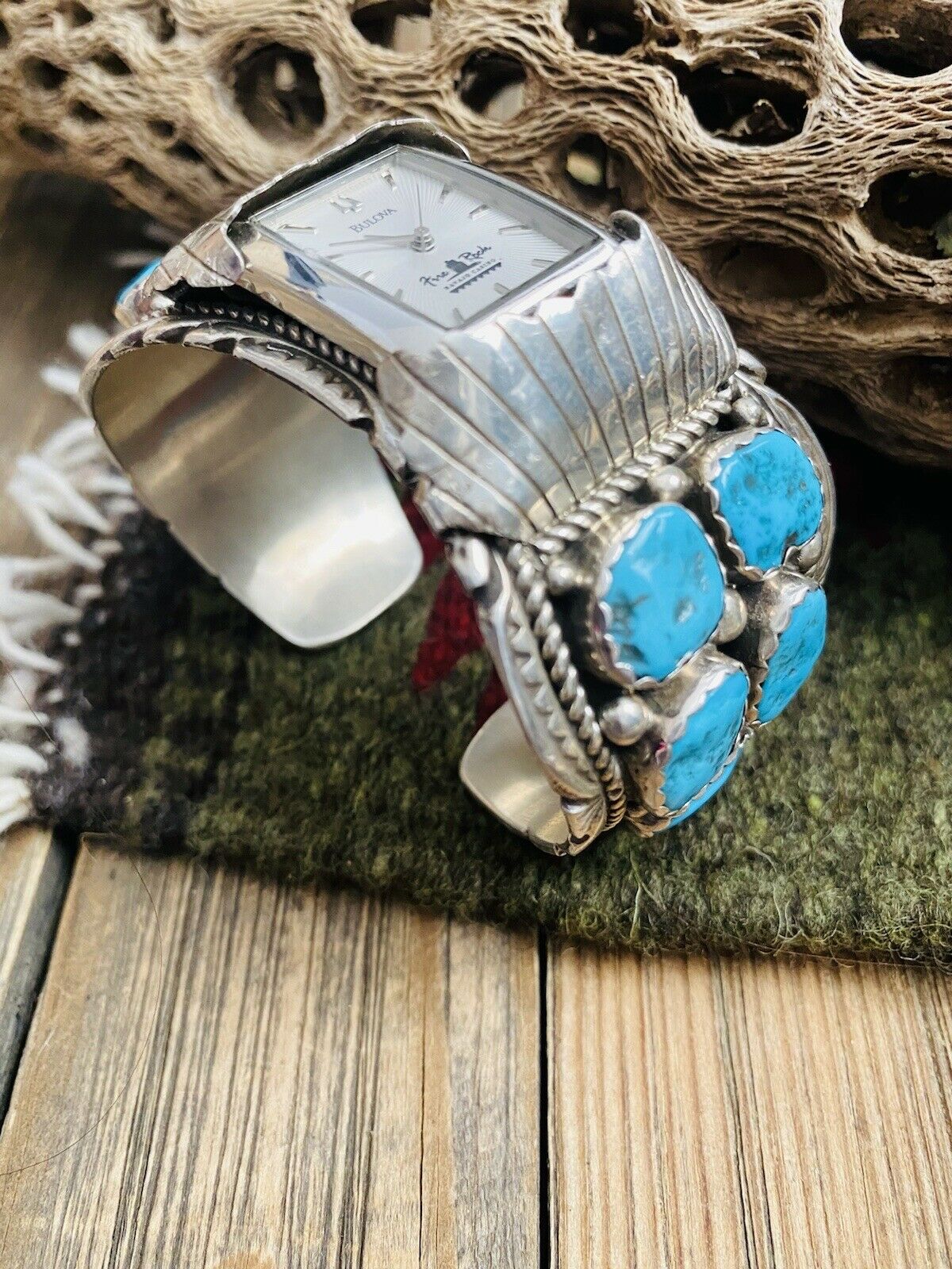 Vintage Old Pawn Navajo Kingman Turquoise & Sterling Silver Watch Cuff