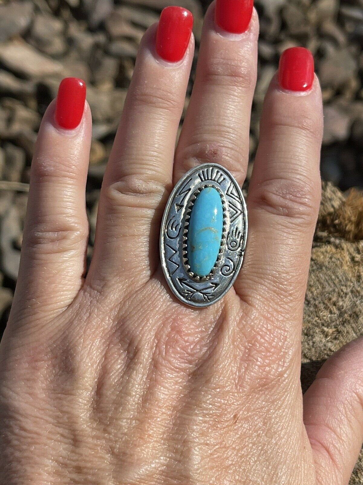 Navajo Sterling Silver Turquoise Southwest Stamped Oval Ring Sz 8.5