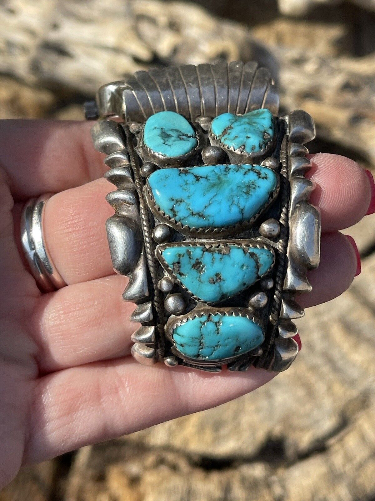 Vintage Navajo Sterling Silver & Kingman Turquoise Non Working Watch Bracelet