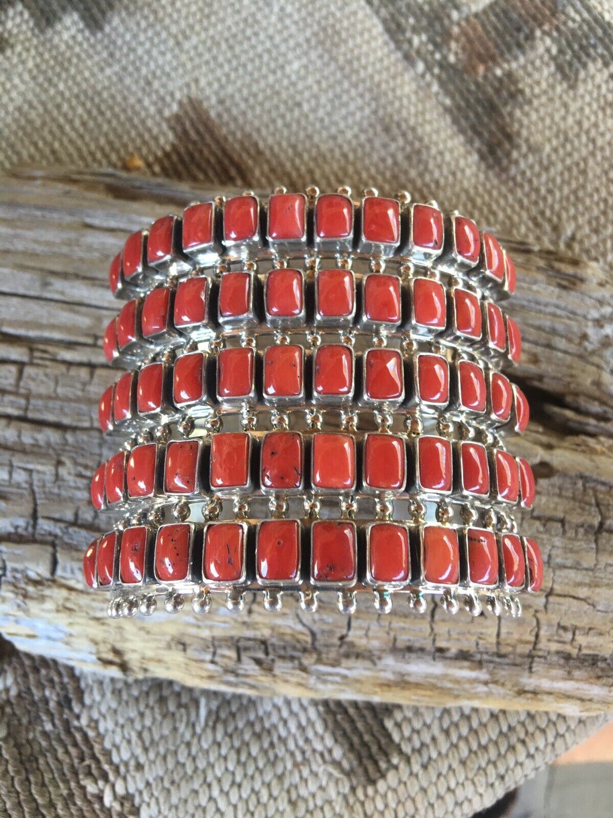 Navajo Natural Coral & Sterling Silver Cuff Bracelet By Paul Livingston