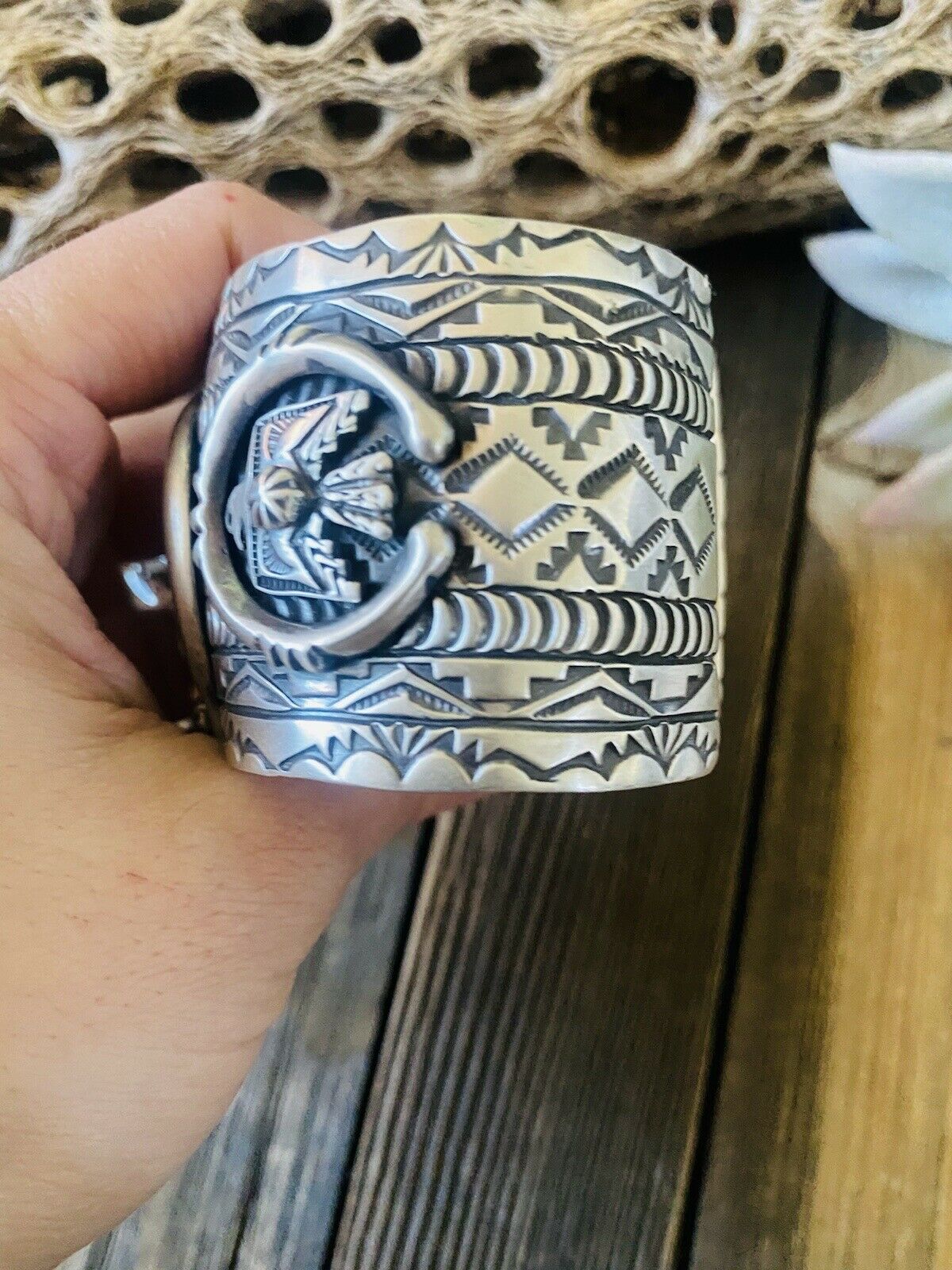 Navajo Hand Stamped Sterling Silver Thunderbird Cuff Made By Rick Enriquez