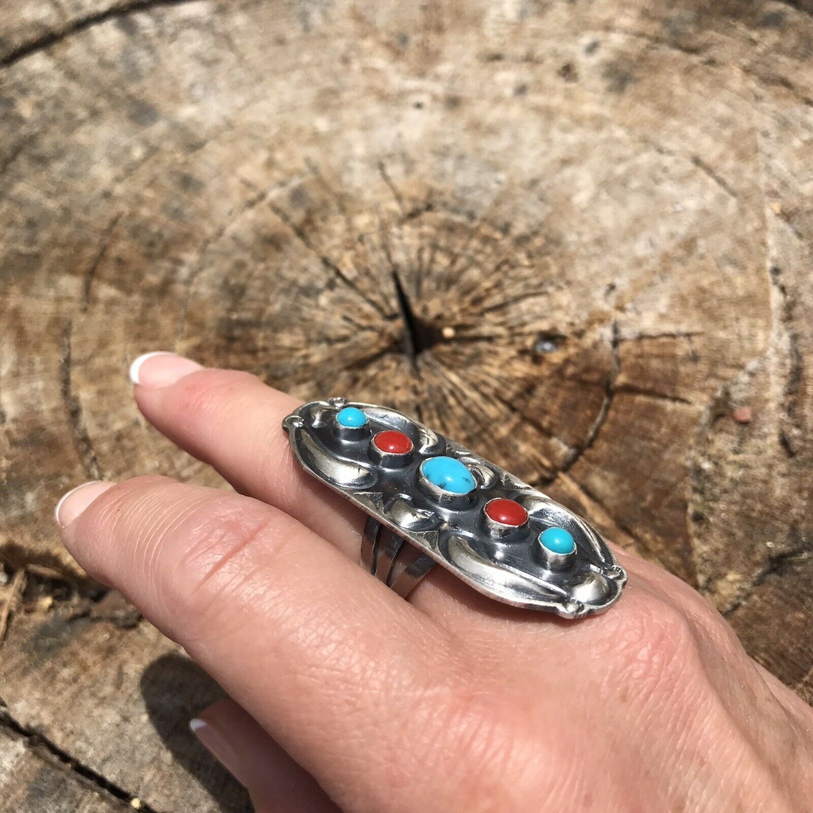 Navajo Sterling Silver Turquoise Coral 5 Stone Ring