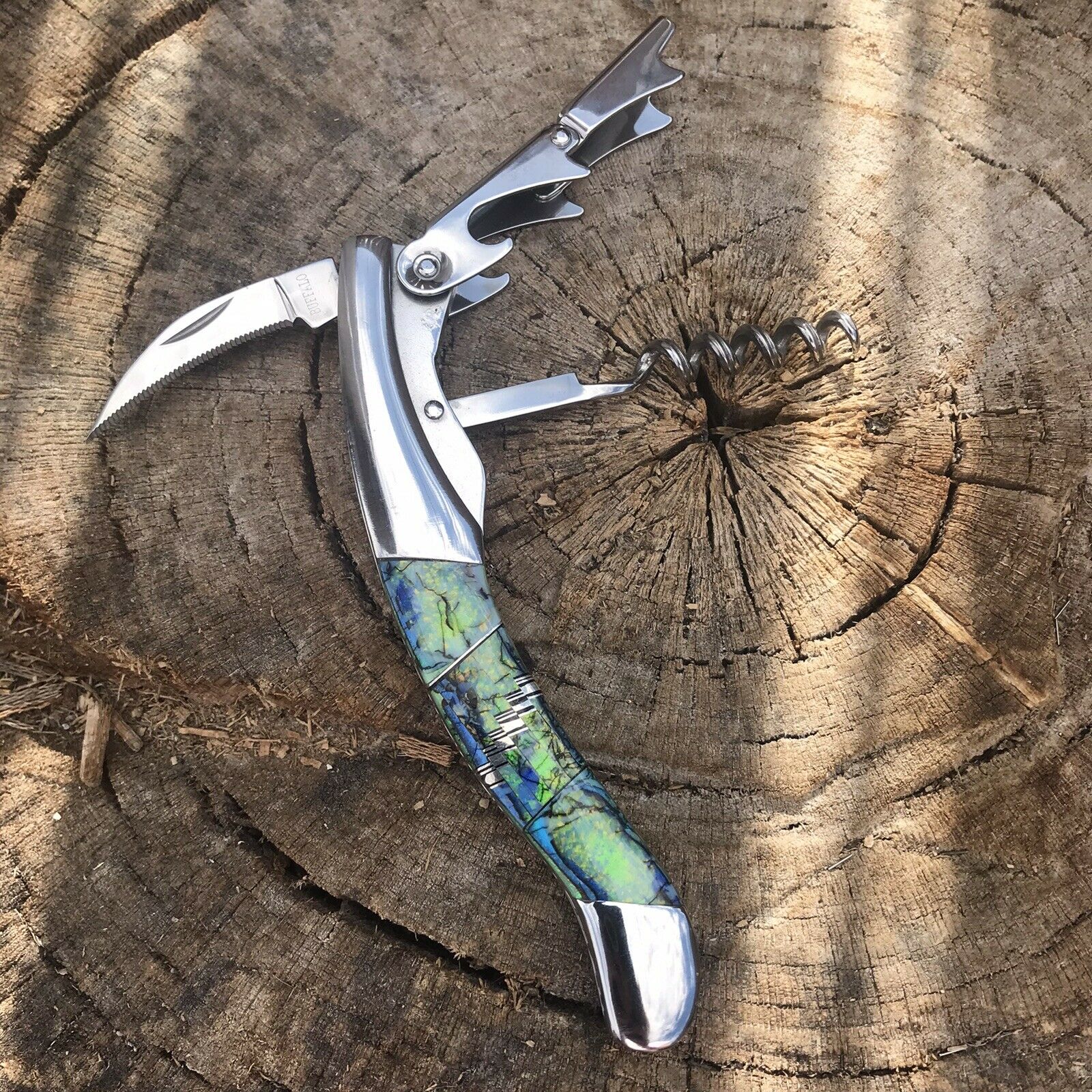 Fire Opal Inlay Stainless Steel Southwestern Style Multi Tool Wine Opener