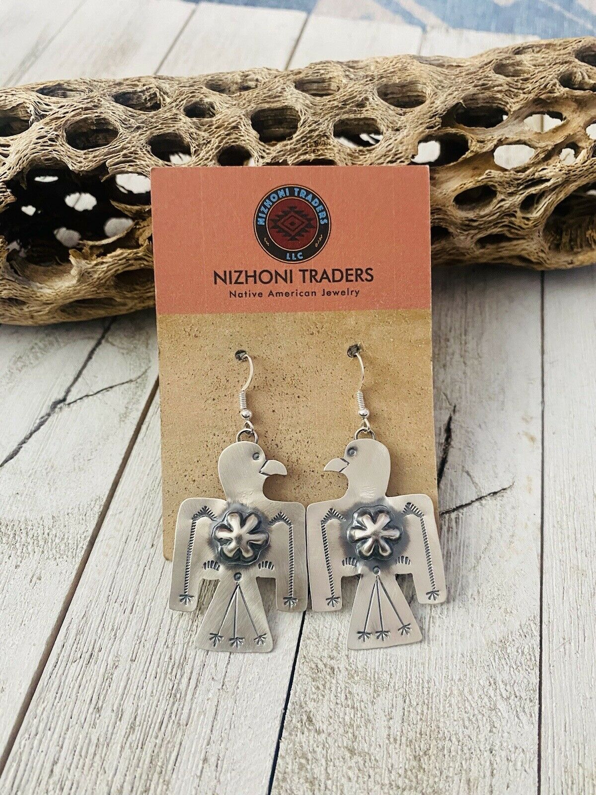 Navajo Hand Stamped Sterling Silver Thunderbird Dangle Earrings By Tim Yazzie