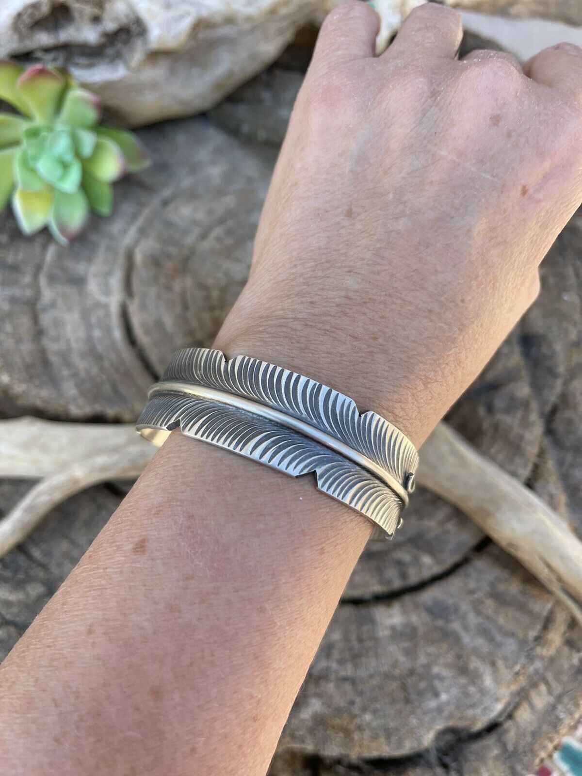 Navajo Sterling Silver Hand Stamped  Feather Bracelet Cuff