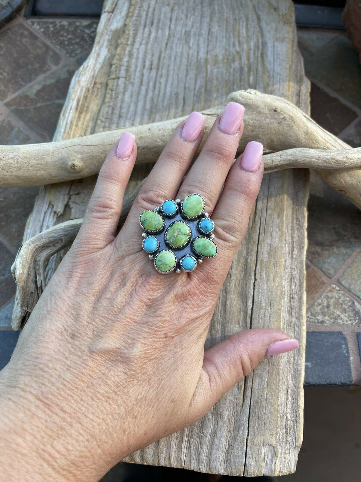 Navajo Sterling Sonoran Gold And Golden Hills Turquoise Cluster Ring Size 7