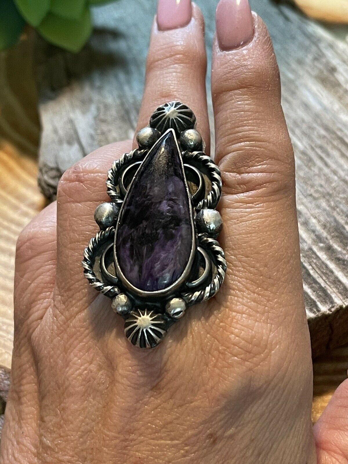 Navajo Purple Charoite & Sterling Silver Statement Ring Size 8 Signed