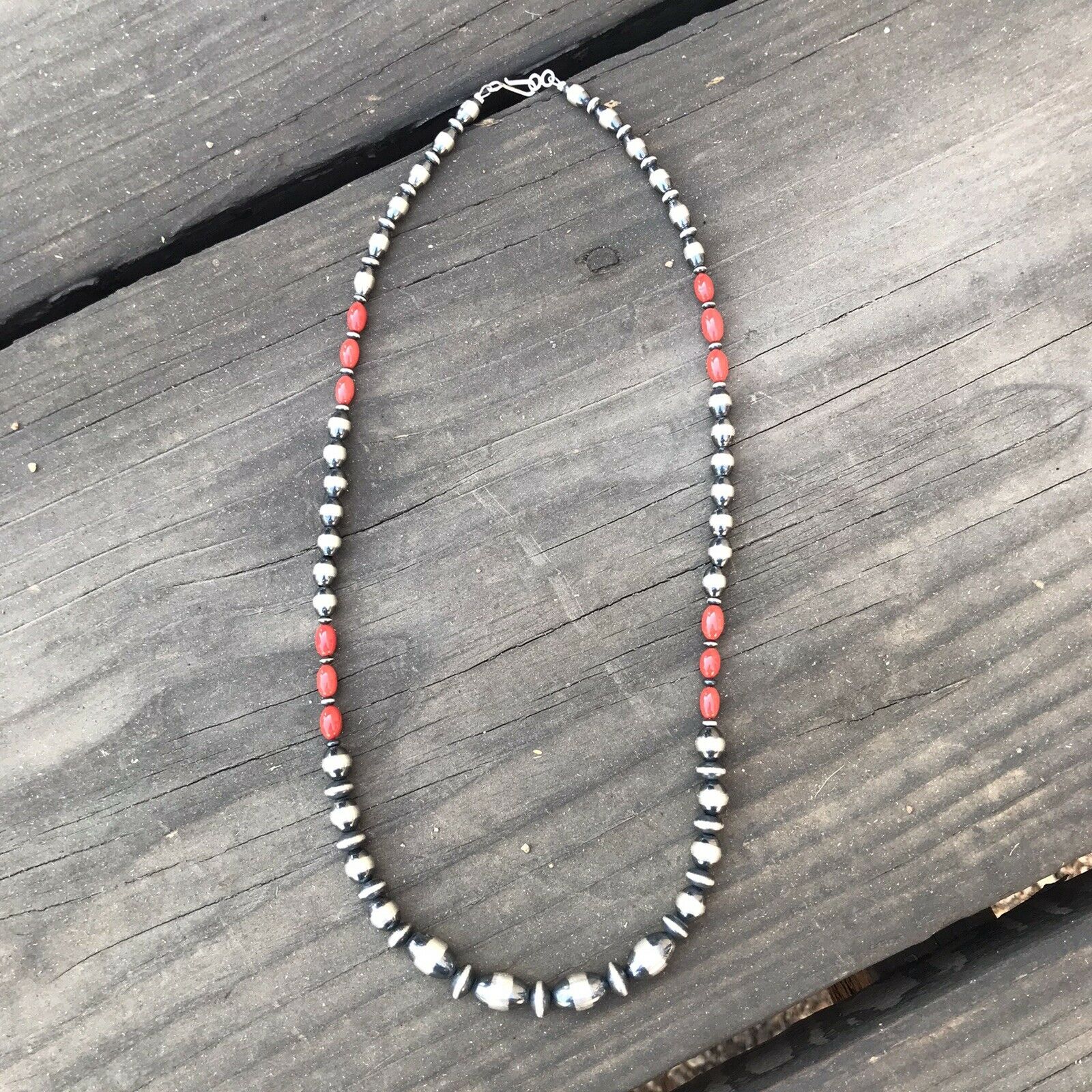 Navajo Sterling Silver Bead & Natural Red Coral Necklace 21 Inches Long