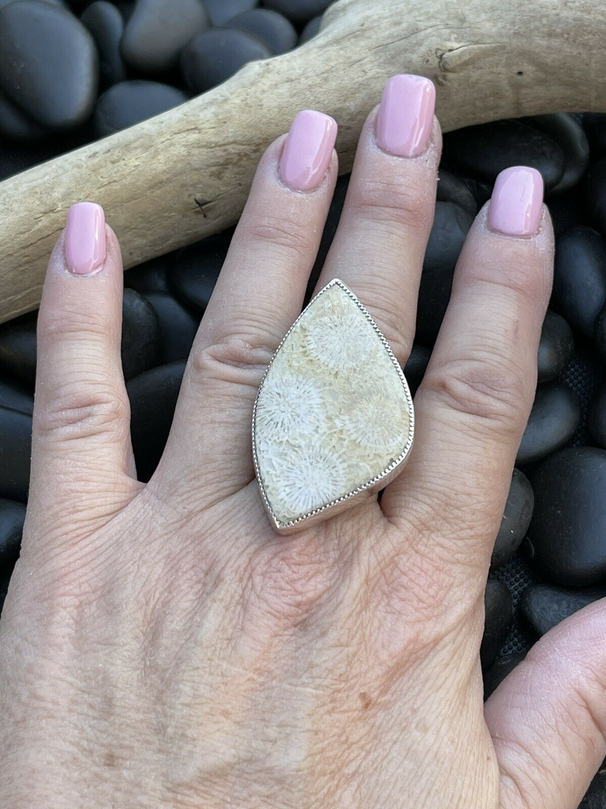 Navajo Fossilized Coral & Sterling Silver Adjustable Ring Signed