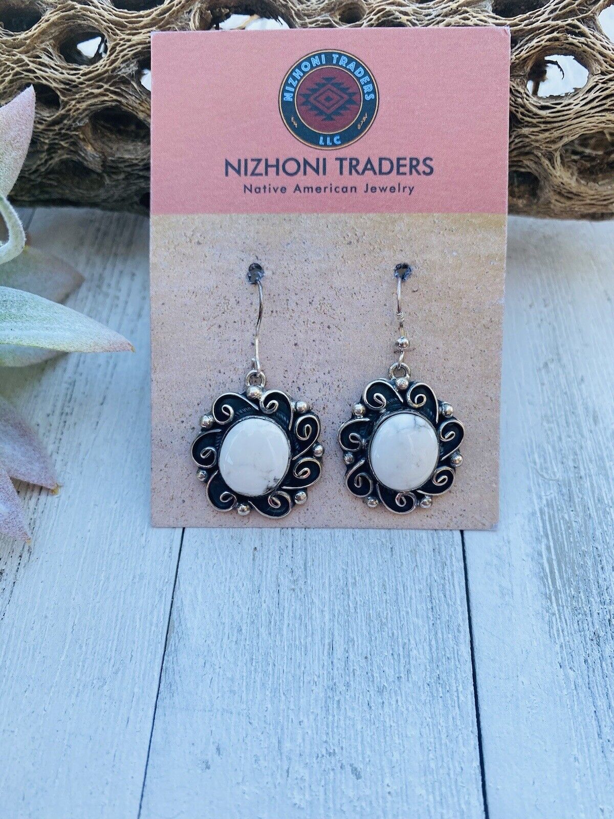 Navajo Sterling Silver And White Buffalo Dangle Earrings