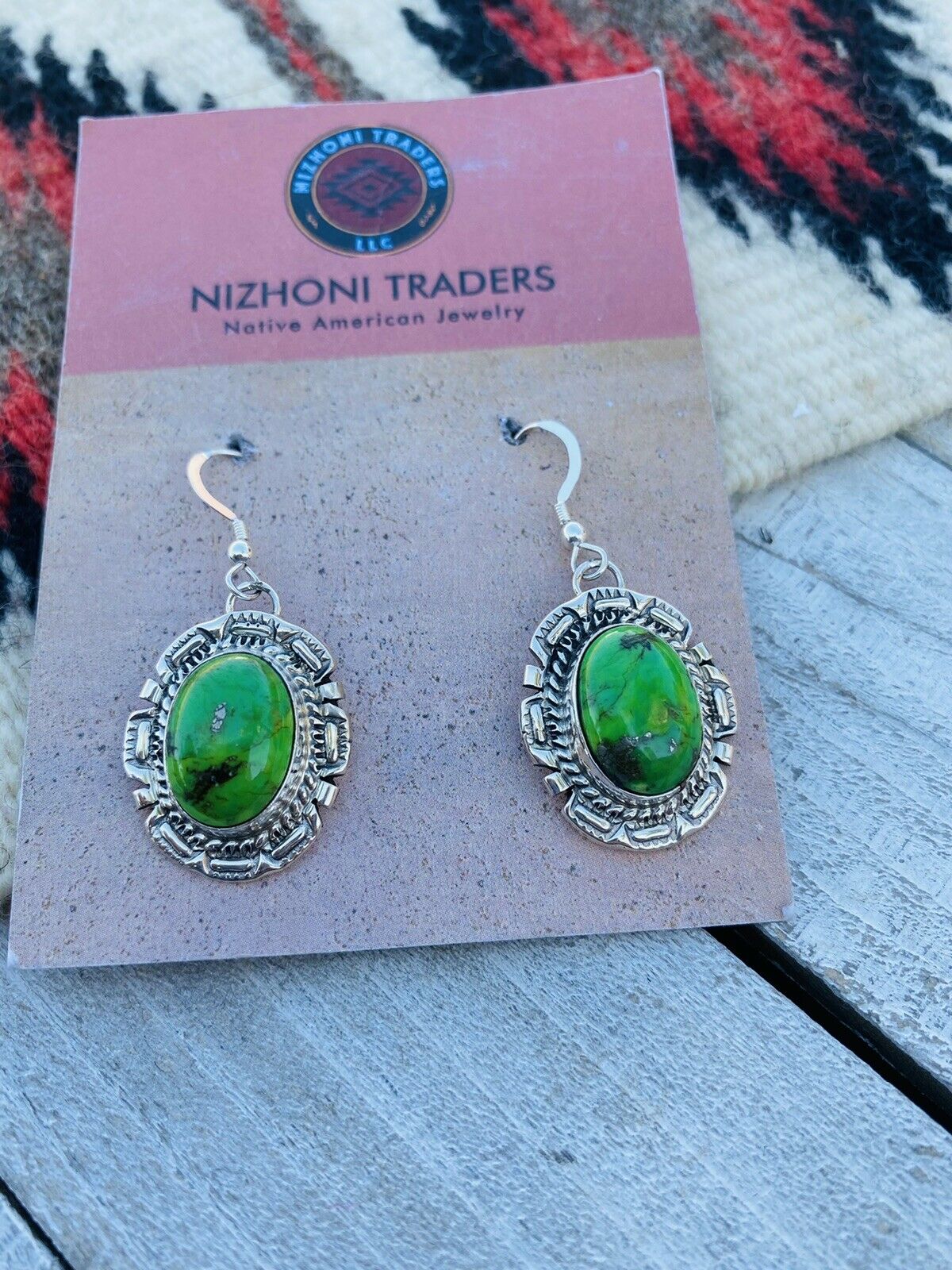 Navajo Sterling Silver Gaspeite Dangle Earrings Signed