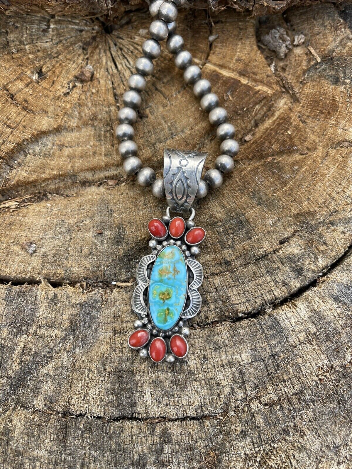 Navajo Sterling Kingman Web Turquoise & Red Coral Pendant Taos Collection