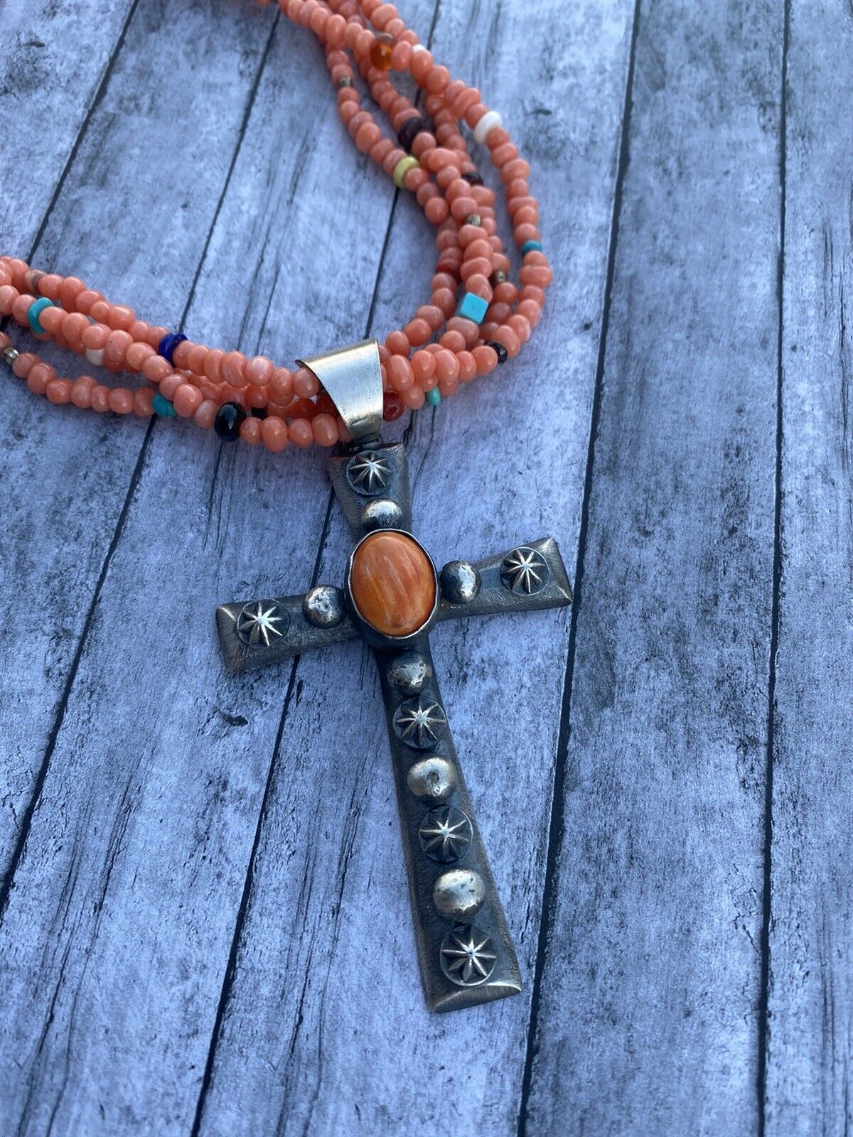 Navajo Sterling Silver & Orange Spiny Shell  Cross Pendant Chimney Butte