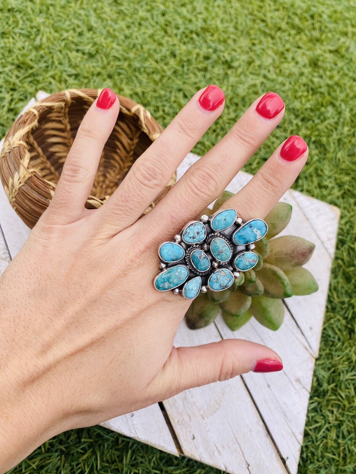 Navajo Turquoise & Sterling Silver Cluster Adjustable Ring