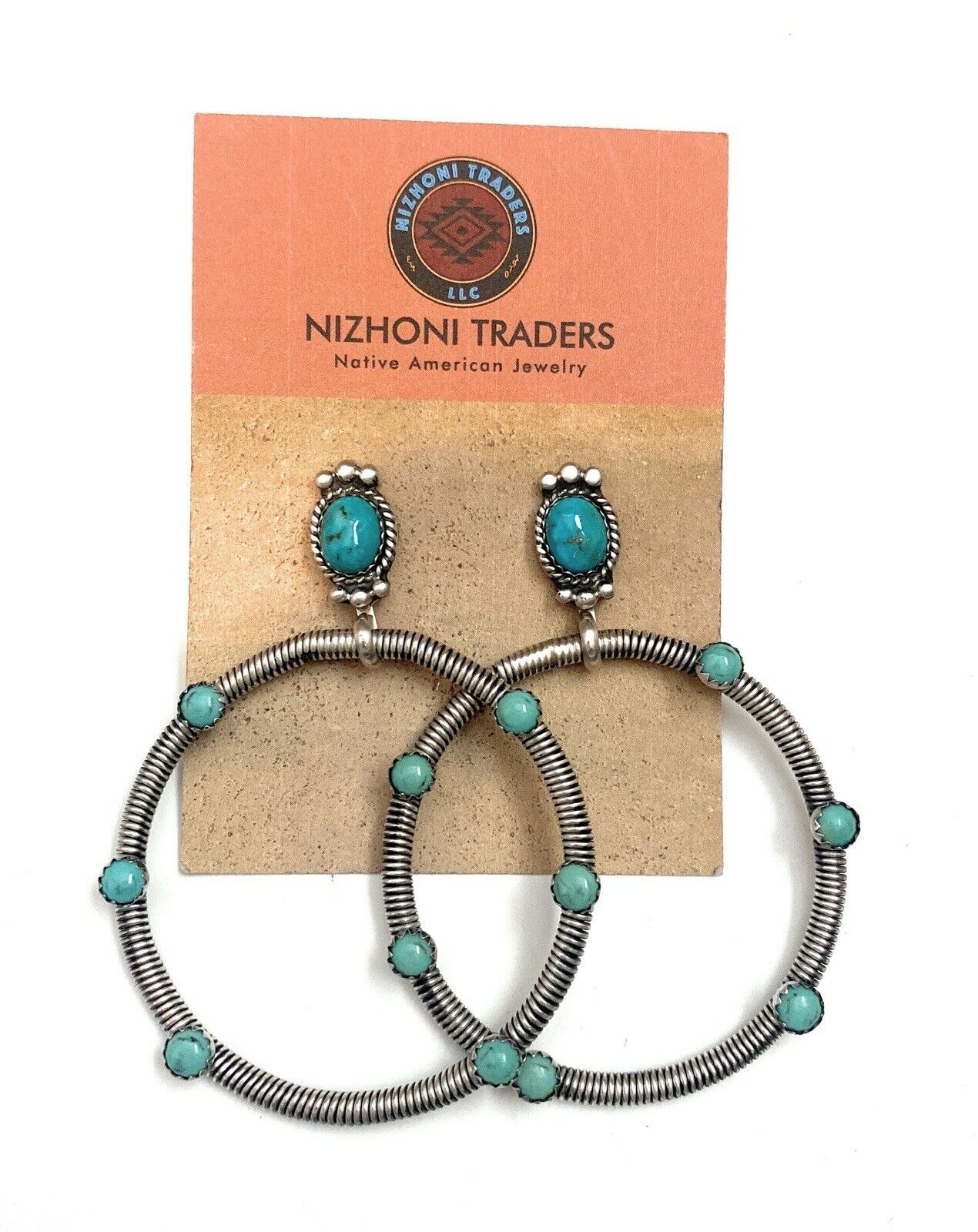 Navajo Turquoise & Sterling Silver Dangle Hoop Earrings