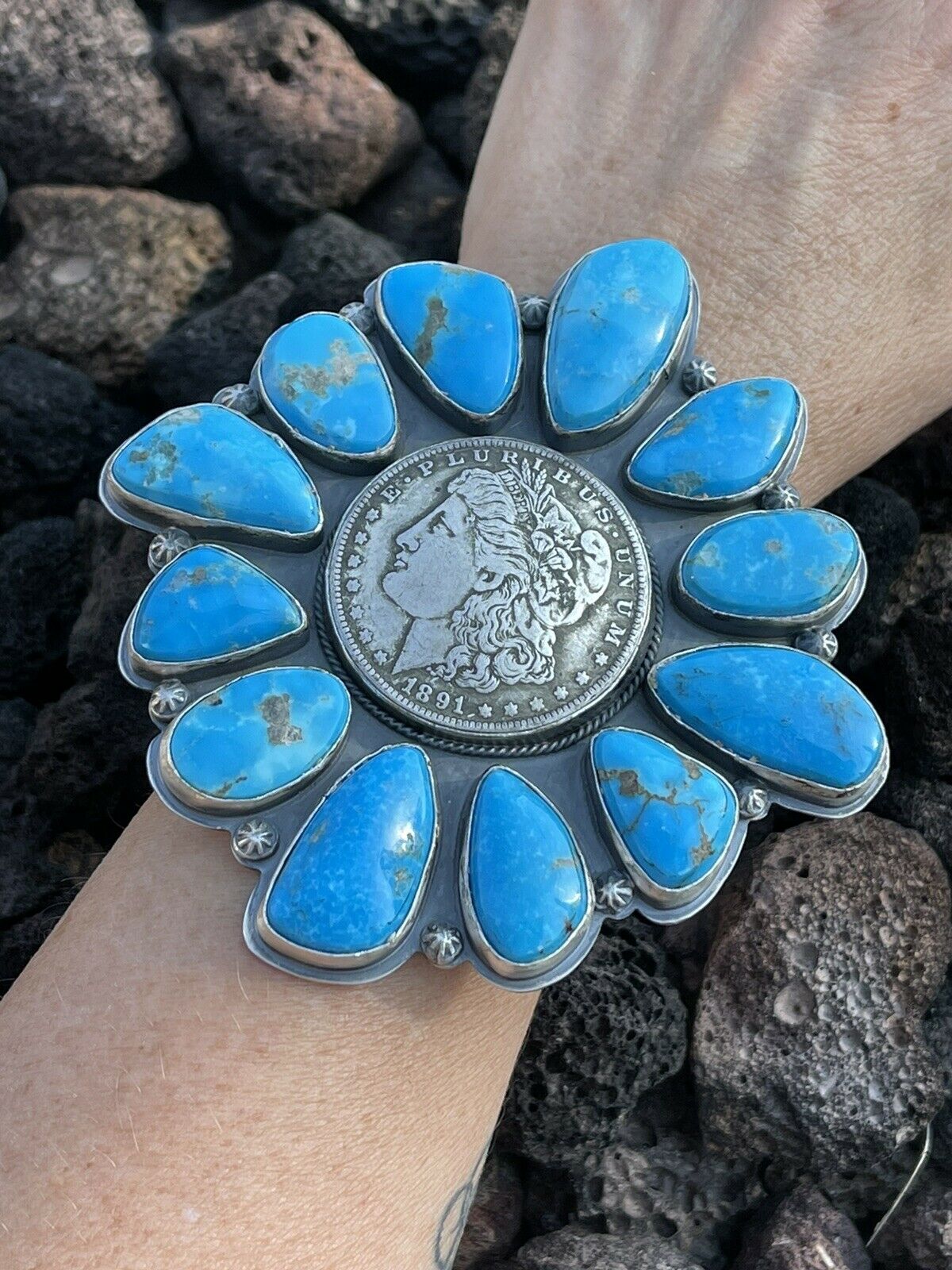 Gorgeous Navajo Sterling Silver Coin & Kingman Turquoise Bracelet Cuff