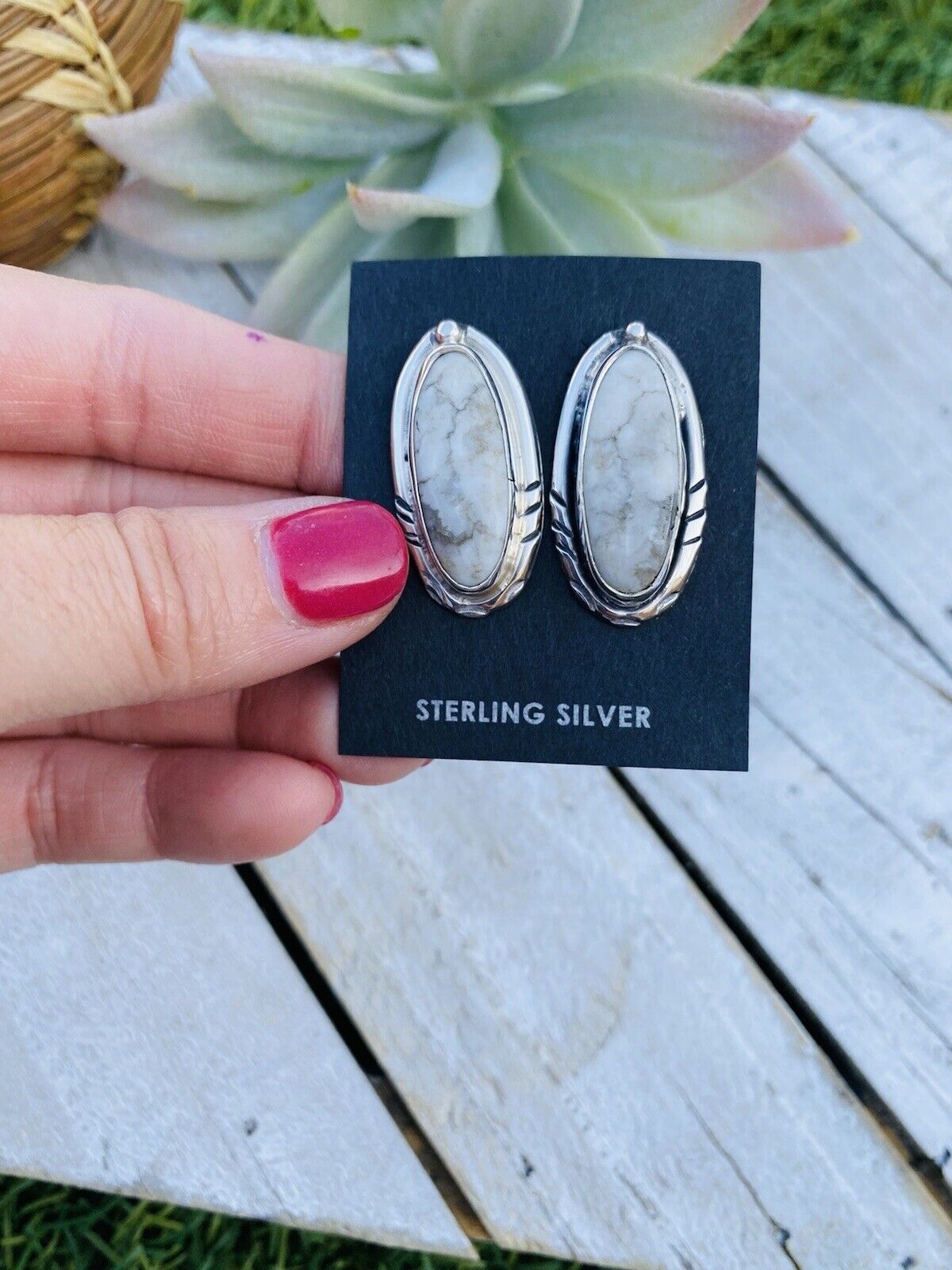 Navajo White Buffalo And Sterling Silver Post Earrings Signed