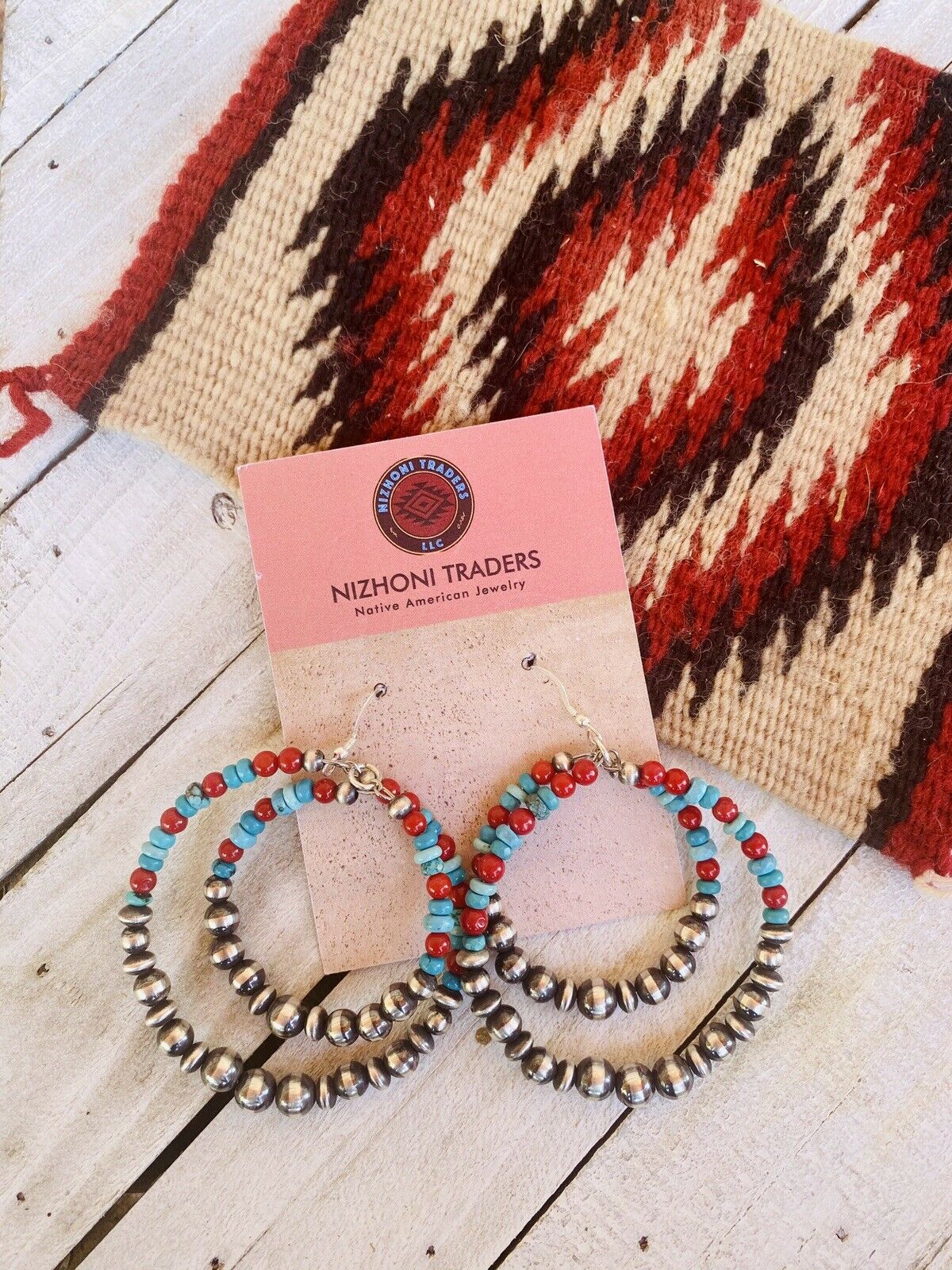 Navajo Turquoise, Coral & Sterling Silver Navajo Pearl Dangle Hoop Earrings