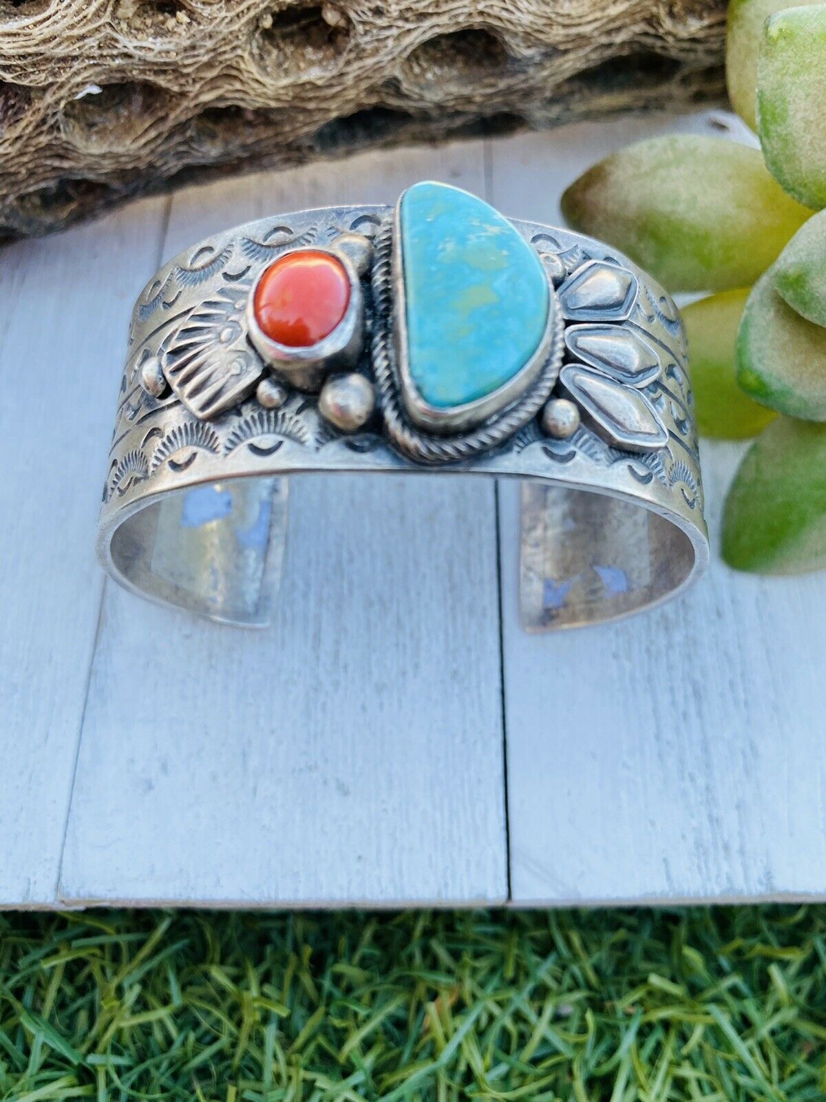 Vintage Navajo Turquoise, Coral & Sterling Silver Cuff Bracelet By Sheila Tso