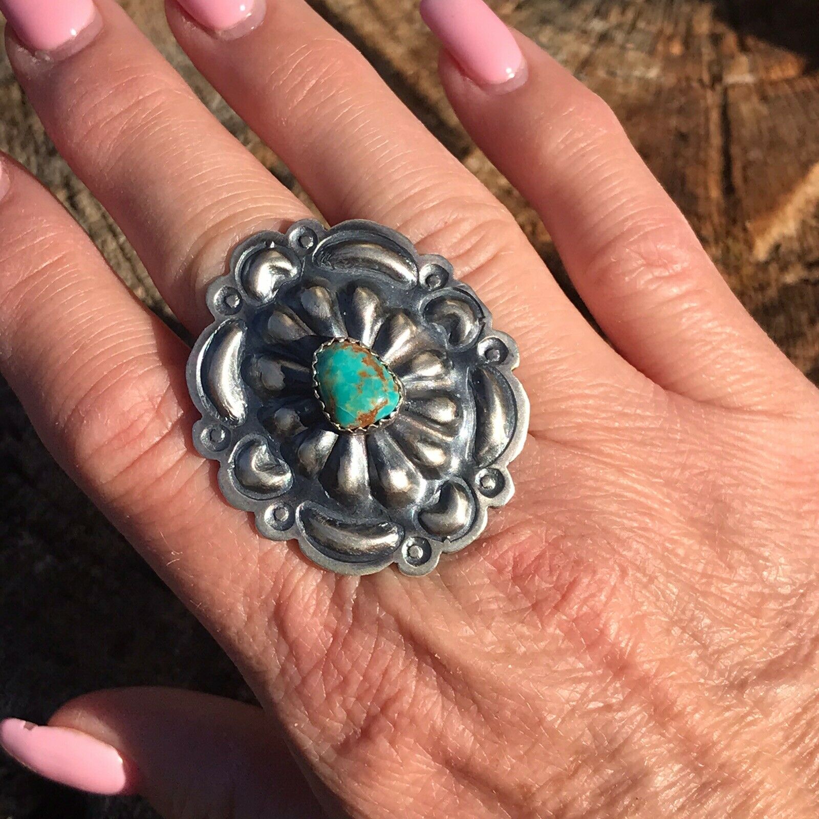 Navajo Sterling Silver Turquoise Concho Ring Sz 5.5