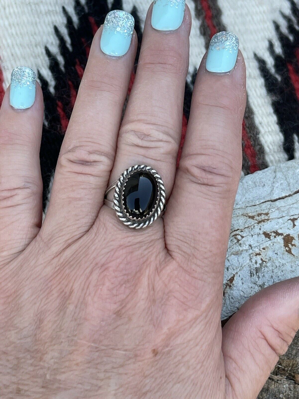 Navajo Sterling Silver Black Onyx Rope Style Ring