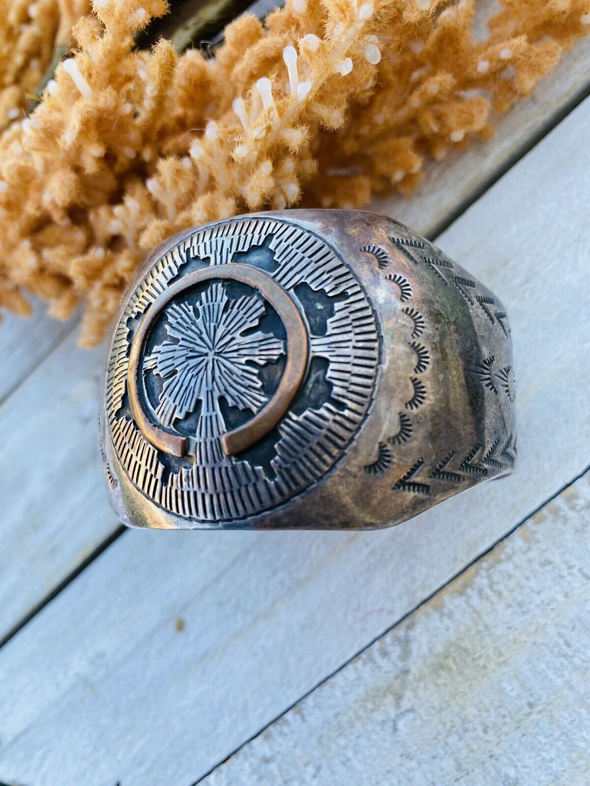 Vintage Navajo Sterling Silver & Copper Cuff Bracelet Signed